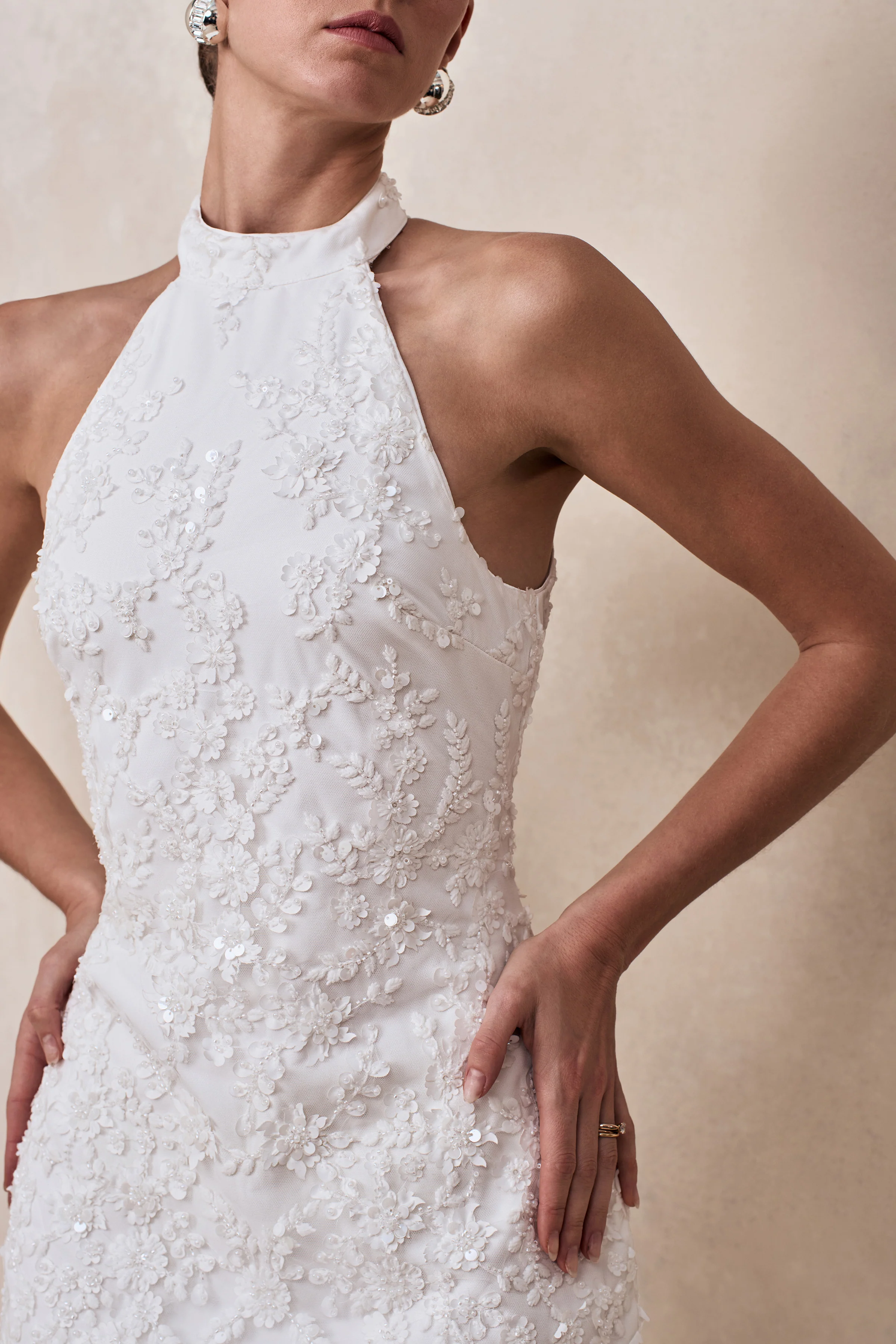Penelope | White Embellished High Neck Mini Dress - Image 5