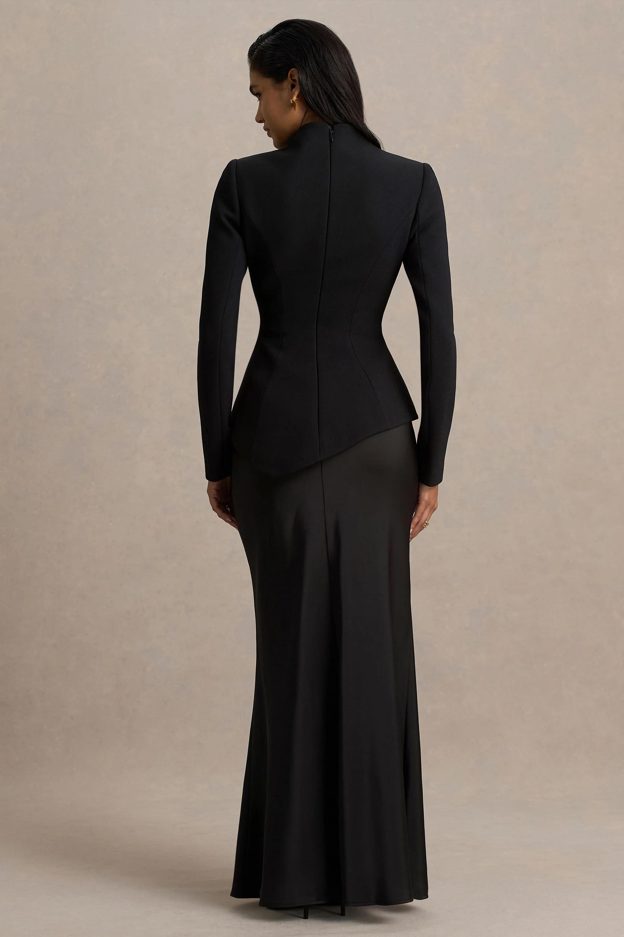 Pepita | Black High-Neck Tailored Maxi Dress With Drop-Waist And Satin Skirt - Image 2