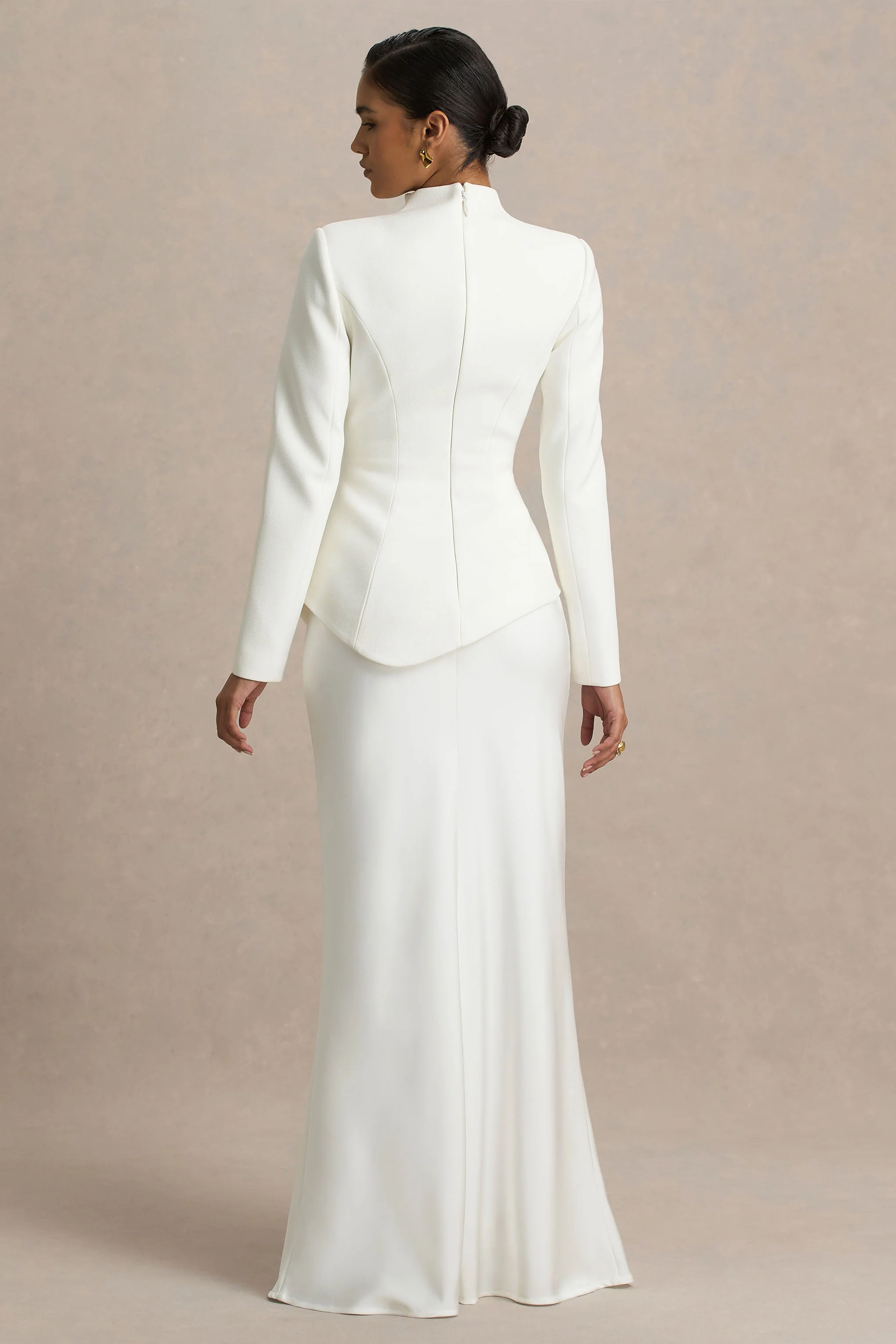 Pepita | Cream High-Neck Tailored Maxi Dress With Drop-Waist And Satin Skirt - Image 3