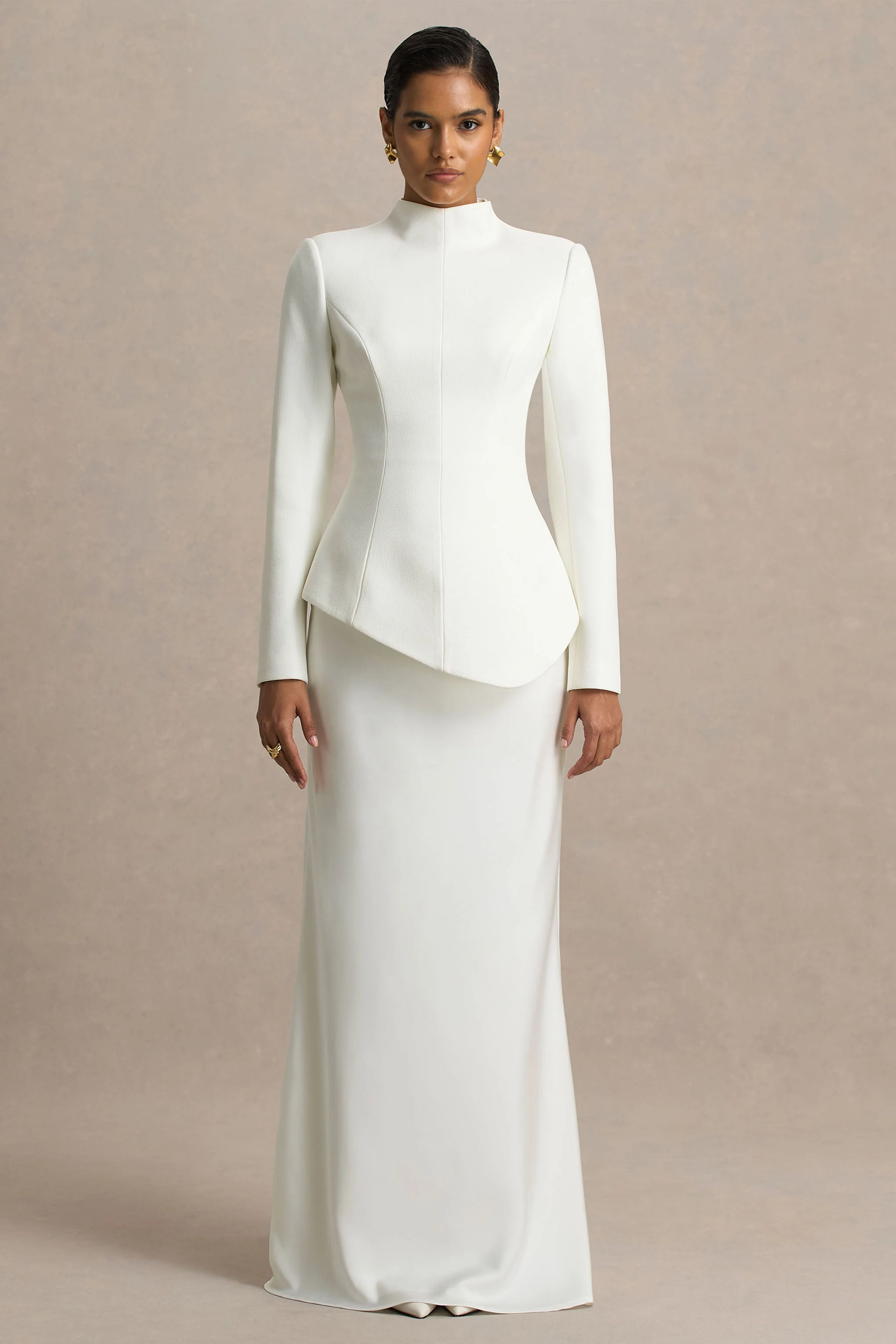 Pepita | Cream High-Neck Tailored Maxi Dress With Drop-Waist And Satin Skirt - Image 5
