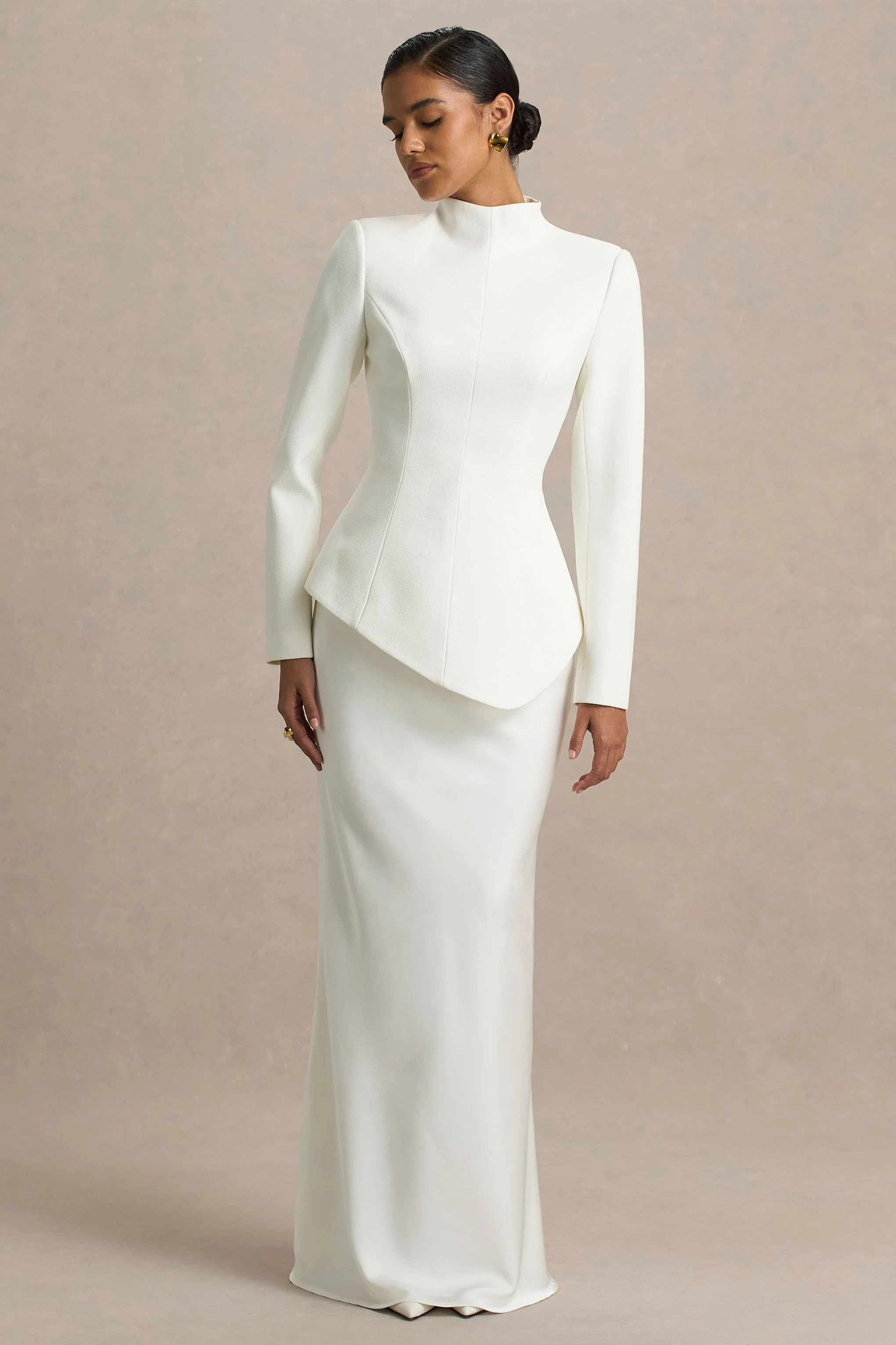 Pepita | Cream High-Neck Tailored Maxi Dress With Drop-Waist And Satin Skirt - Image 6