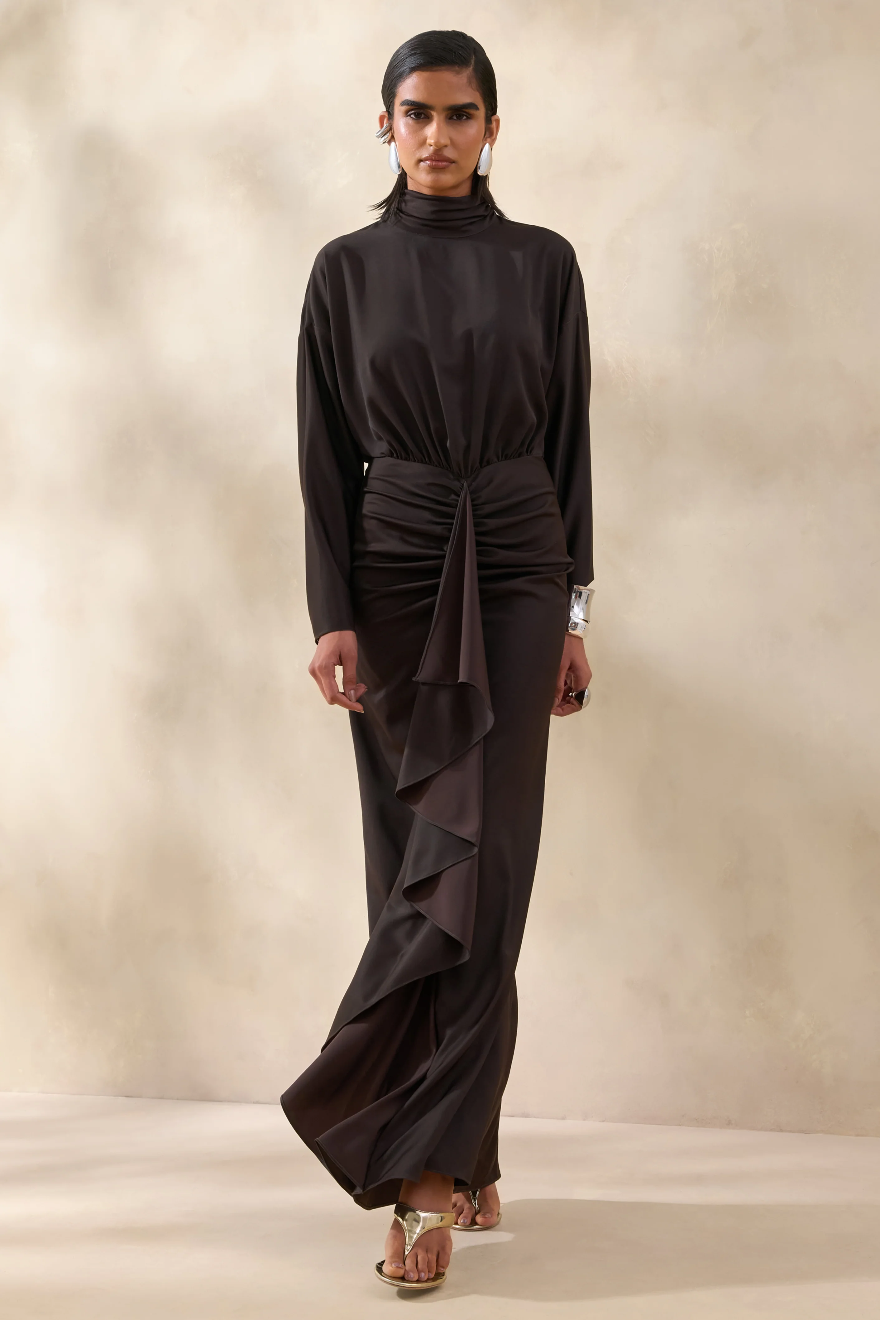 Perla | Dark Brown High-Neck Maxi Dress With Gathered-Detailing - Image 3