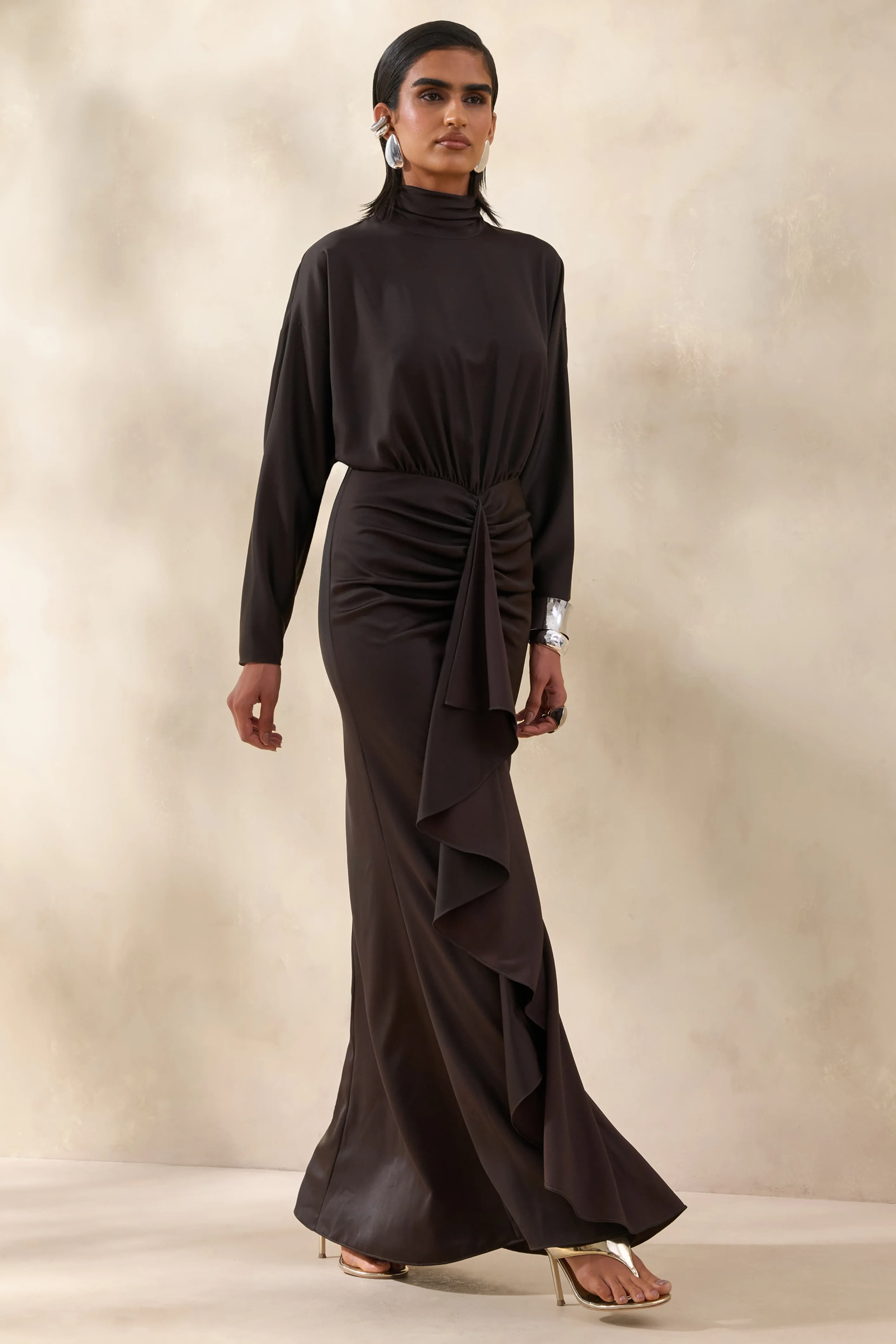 Perla | Dark Brown High-Neck Maxi Dress With Gathered-Detailing - Image 6