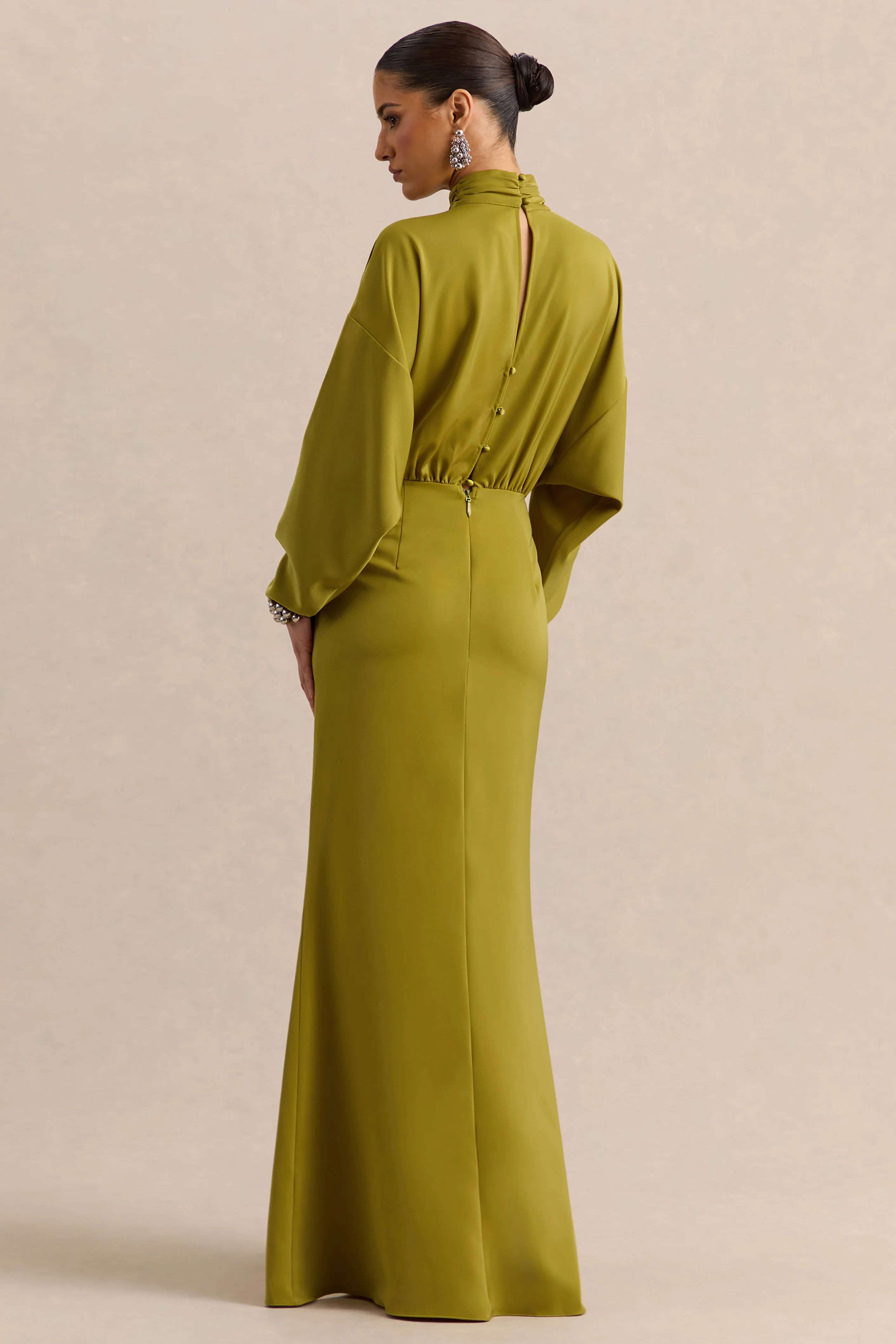Perla | Olive High-Neck Maxi Dress With Gathered-Detailing - Image 2