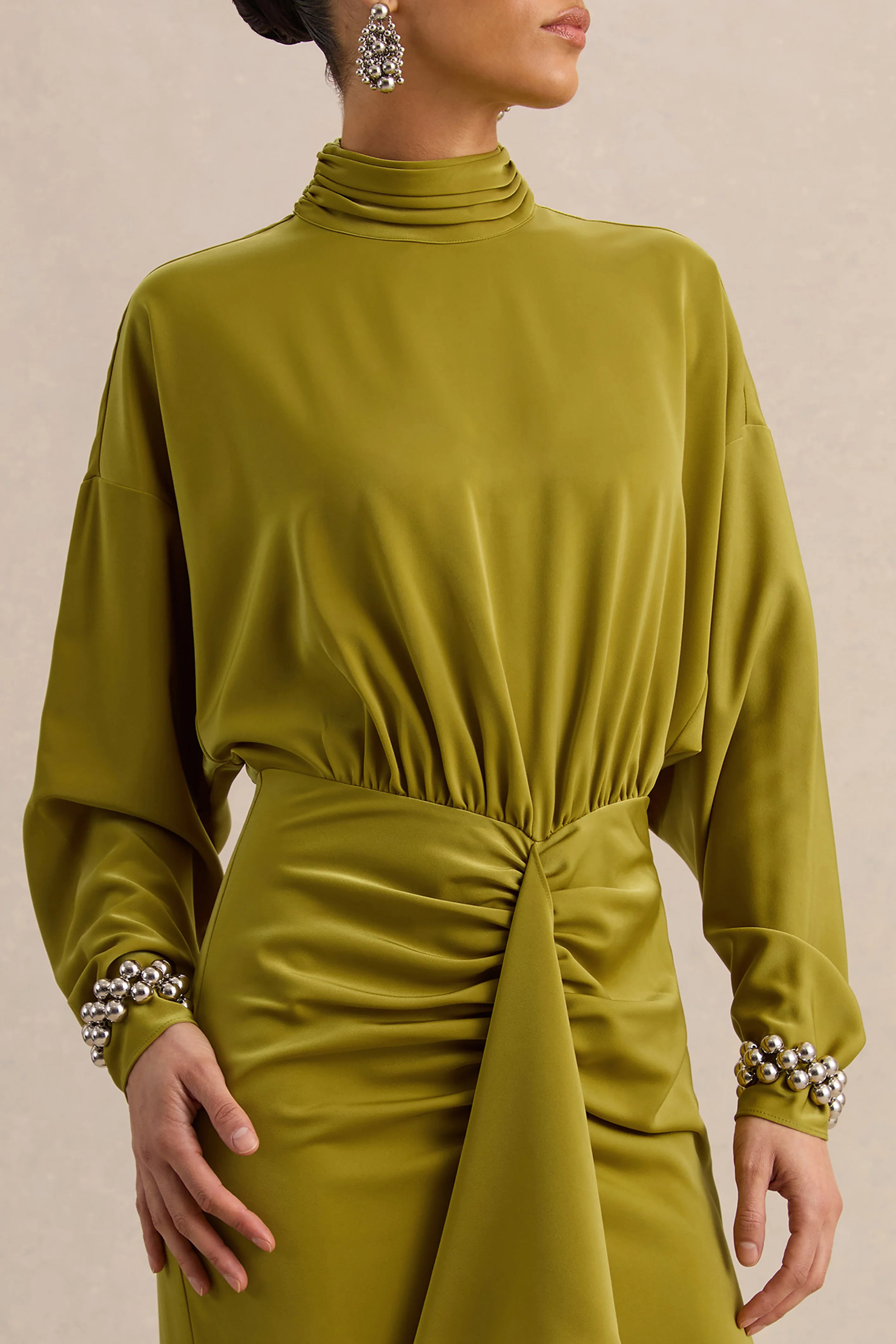 Perla | Olive High-Neck Maxi Dress With Gathered-Detailing - Image 3