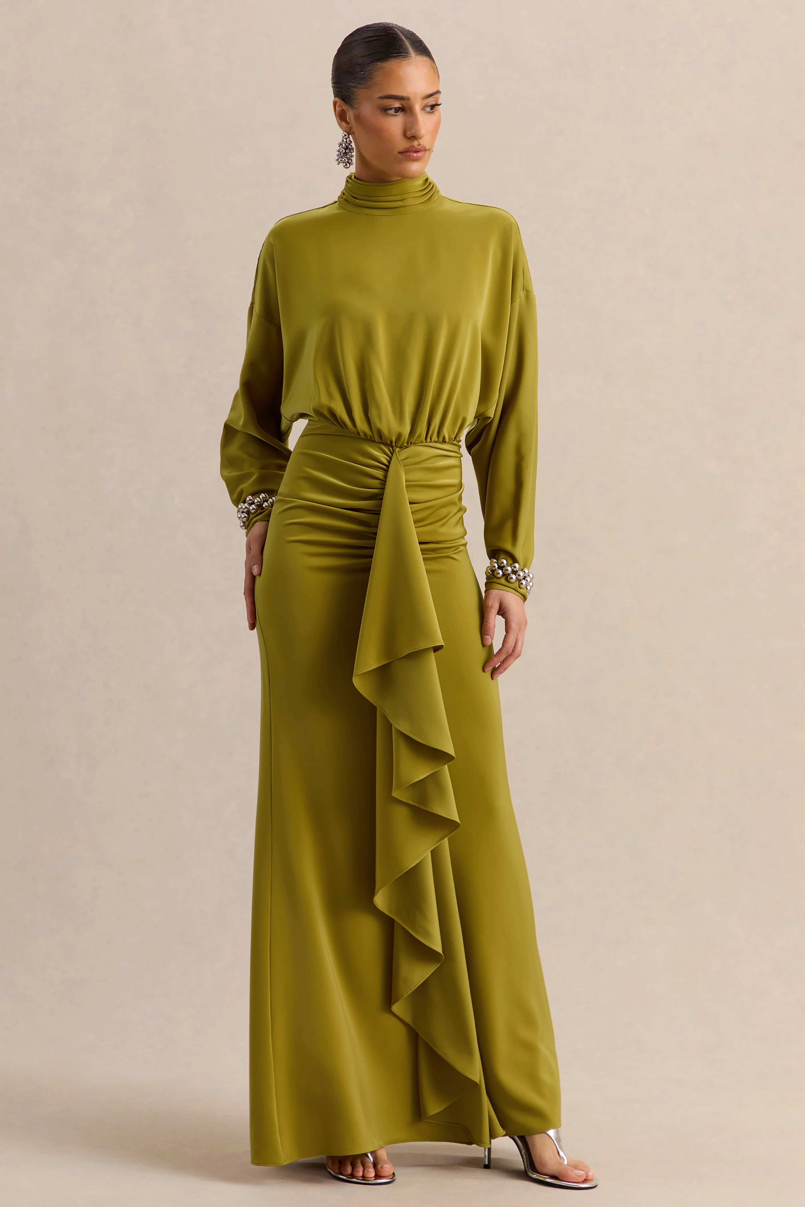 Perla | Olive High-Neck Maxi Dress With Gathered-Detailing - Image 4