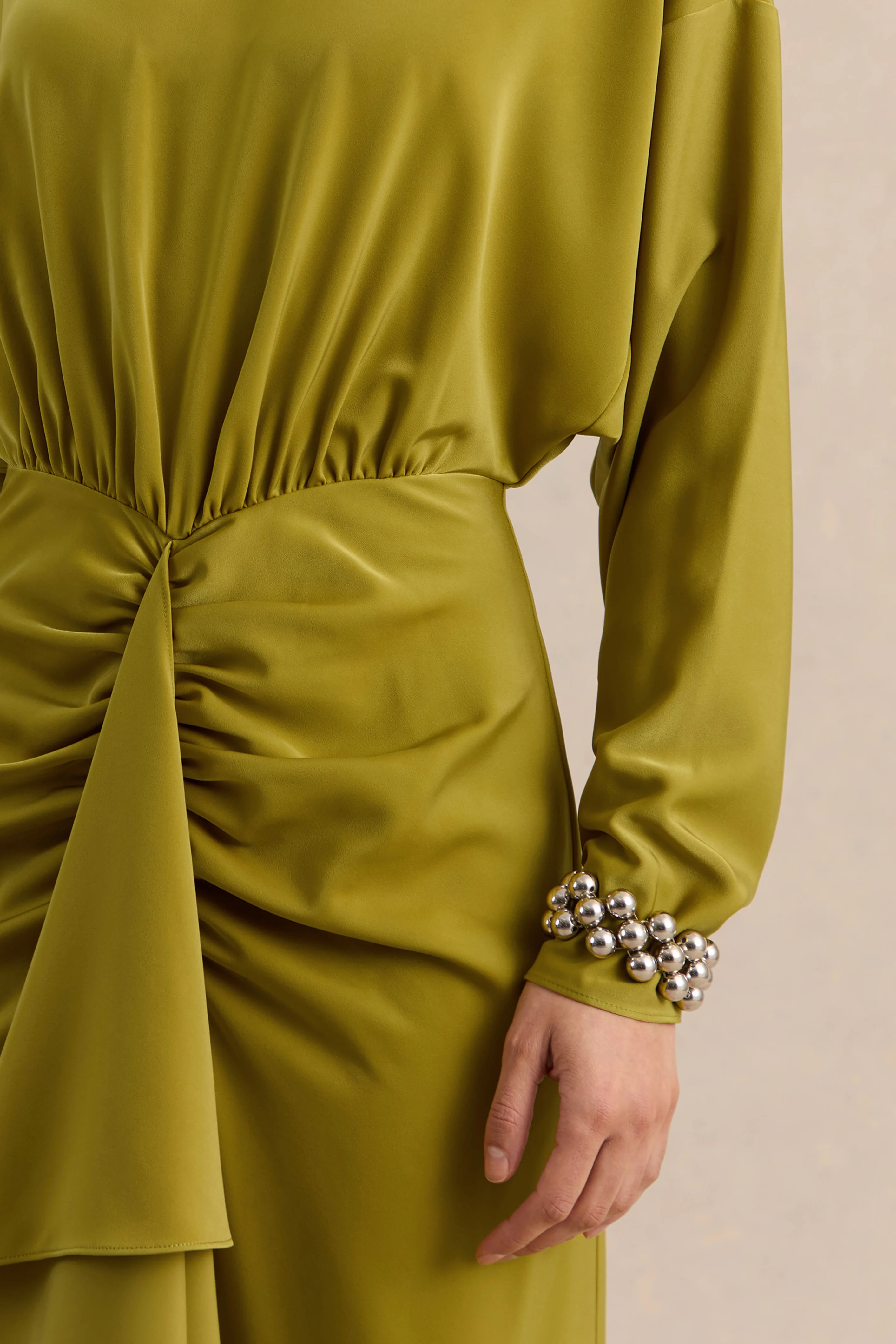 Perla | Olive High-Neck Maxi Dress With Gathered-Detailing - Image 6