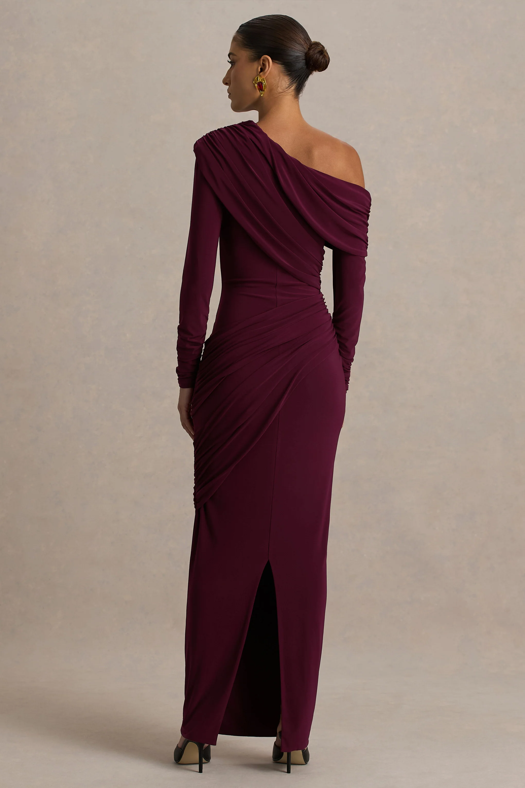 Perrie | Burgundy Asymmetric-Neck Maxi Dress With Ruched Detailing - Image 2
