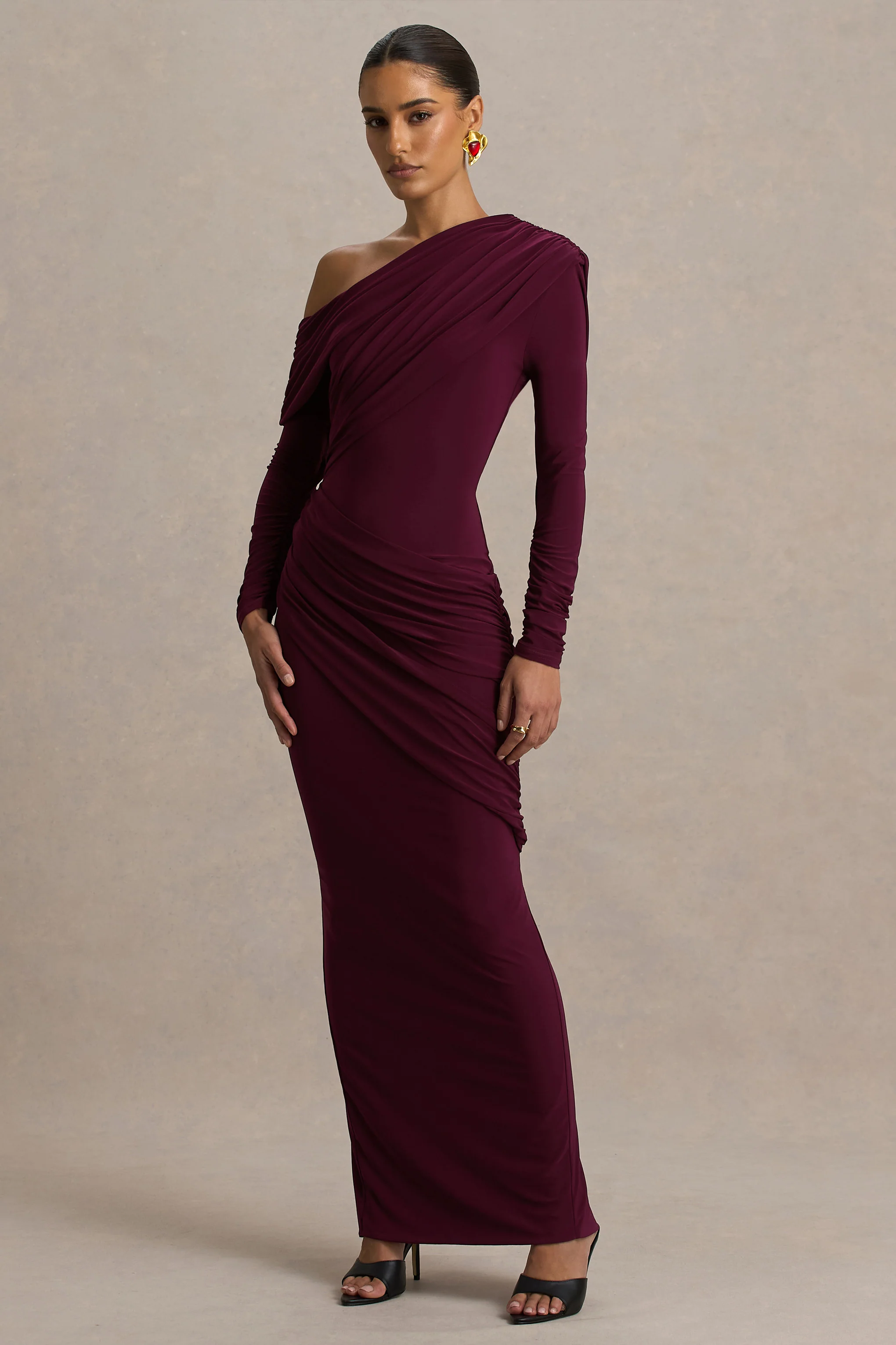 Perrie | Burgundy Asymmetric-Neck Maxi Dress With Ruched Detailing - Image 3