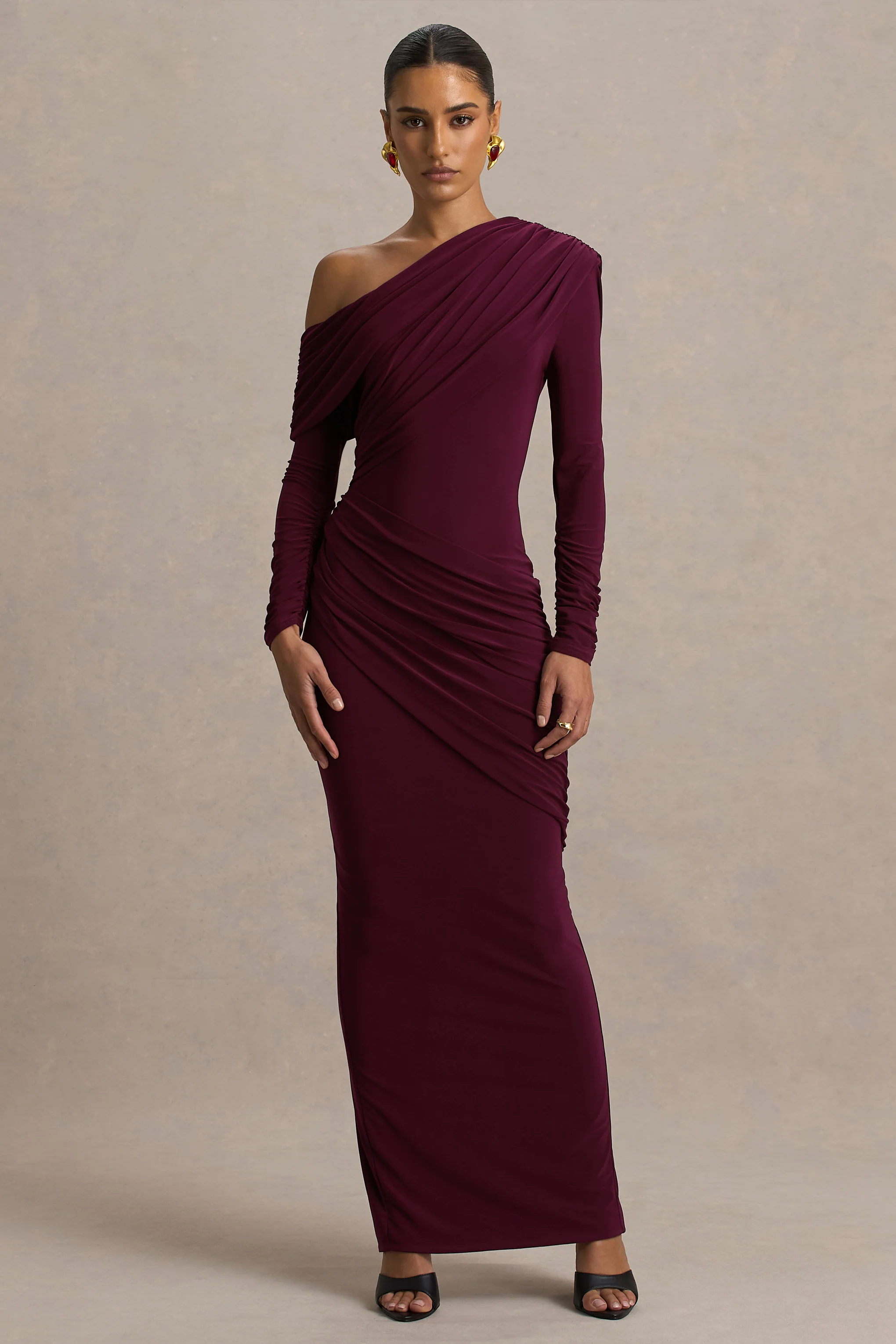 Perrie | Burgundy Asymmetric-Neck Maxi Dress With Ruched Detailing - Image 4