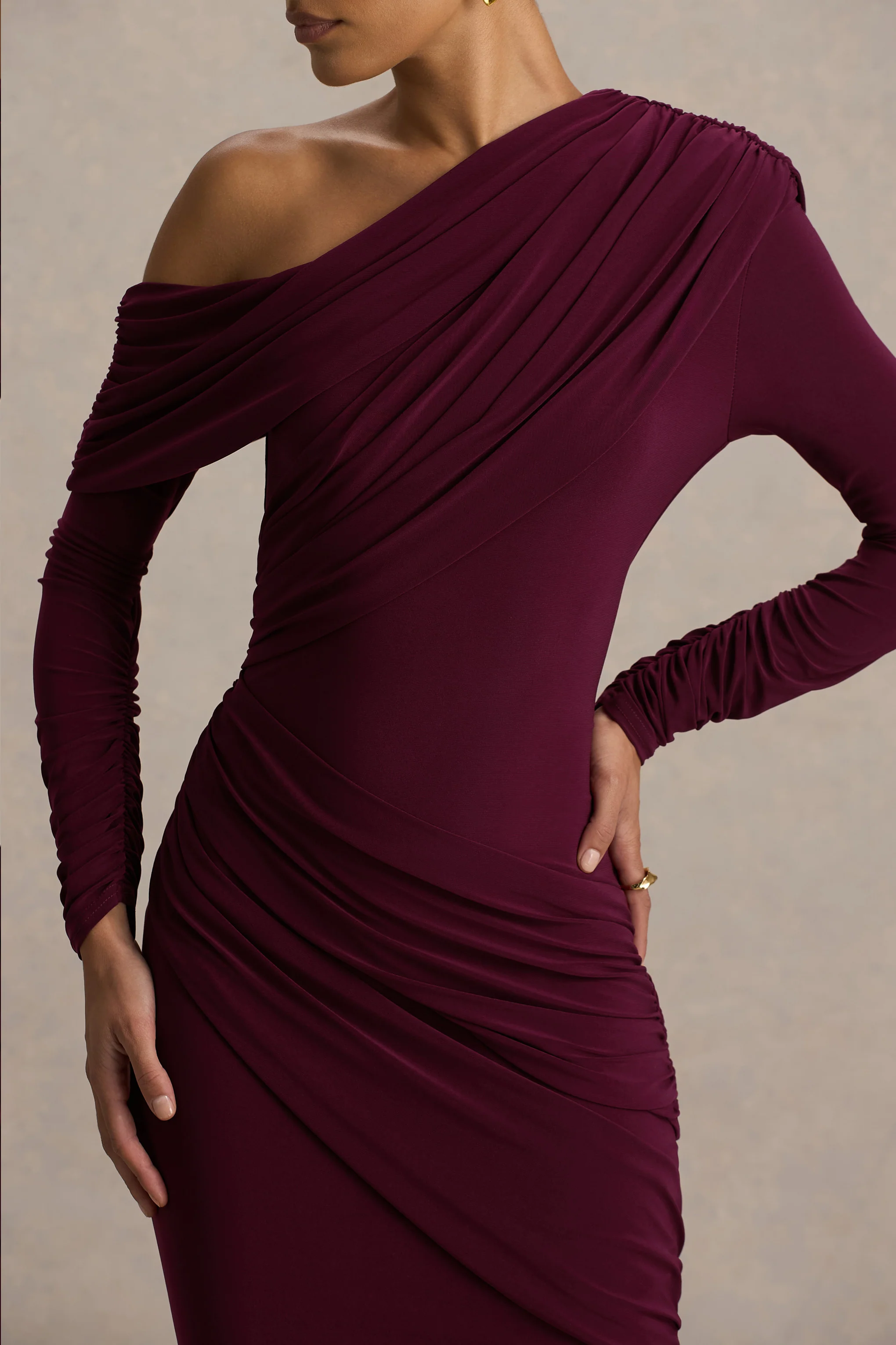 Perrie | Burgundy Asymmetric-Neck Maxi Dress With Ruched Detailing - Image 5