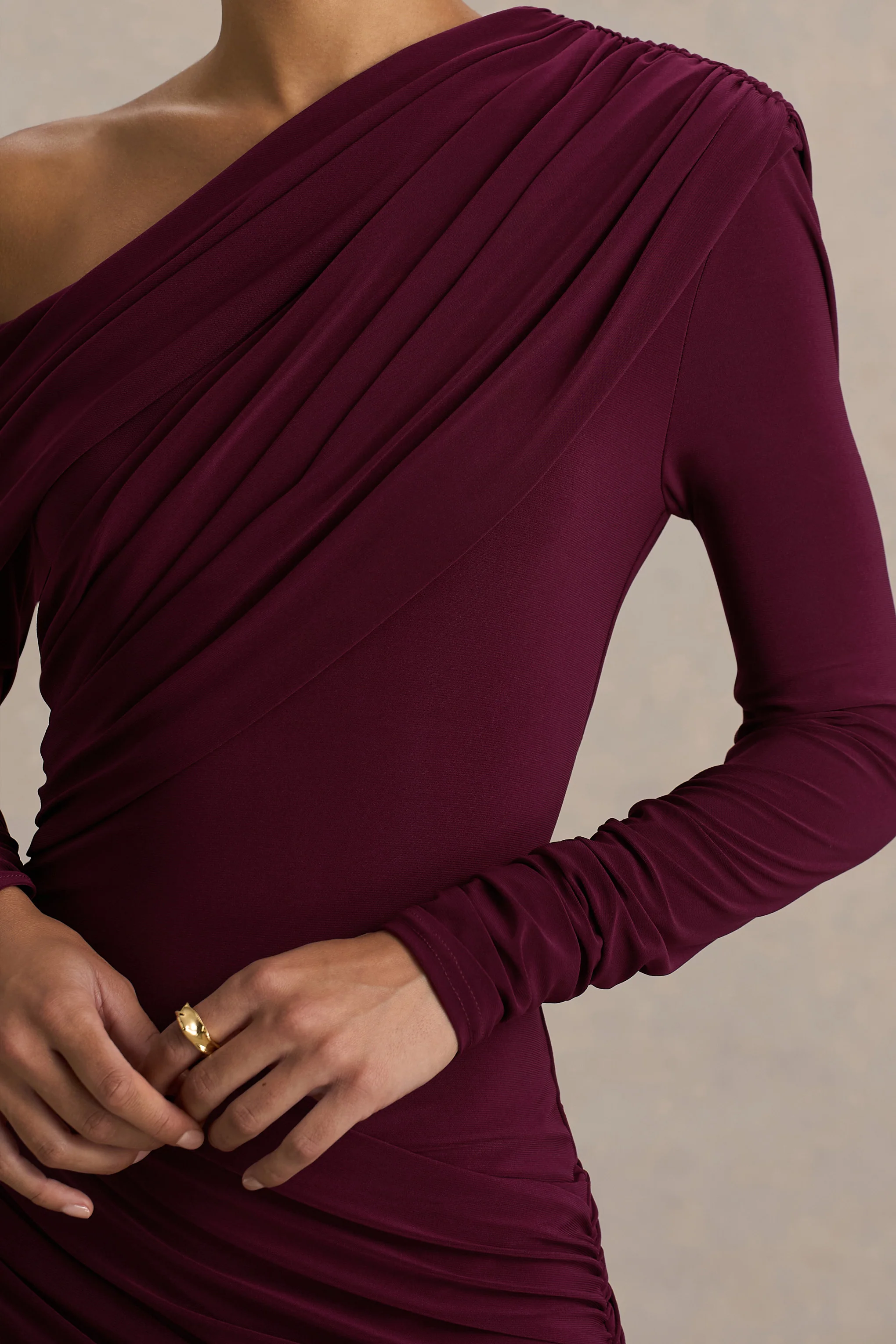 Perrie | Burgundy Asymmetric-Neck Maxi Dress With Ruched Detailing - Image 6
