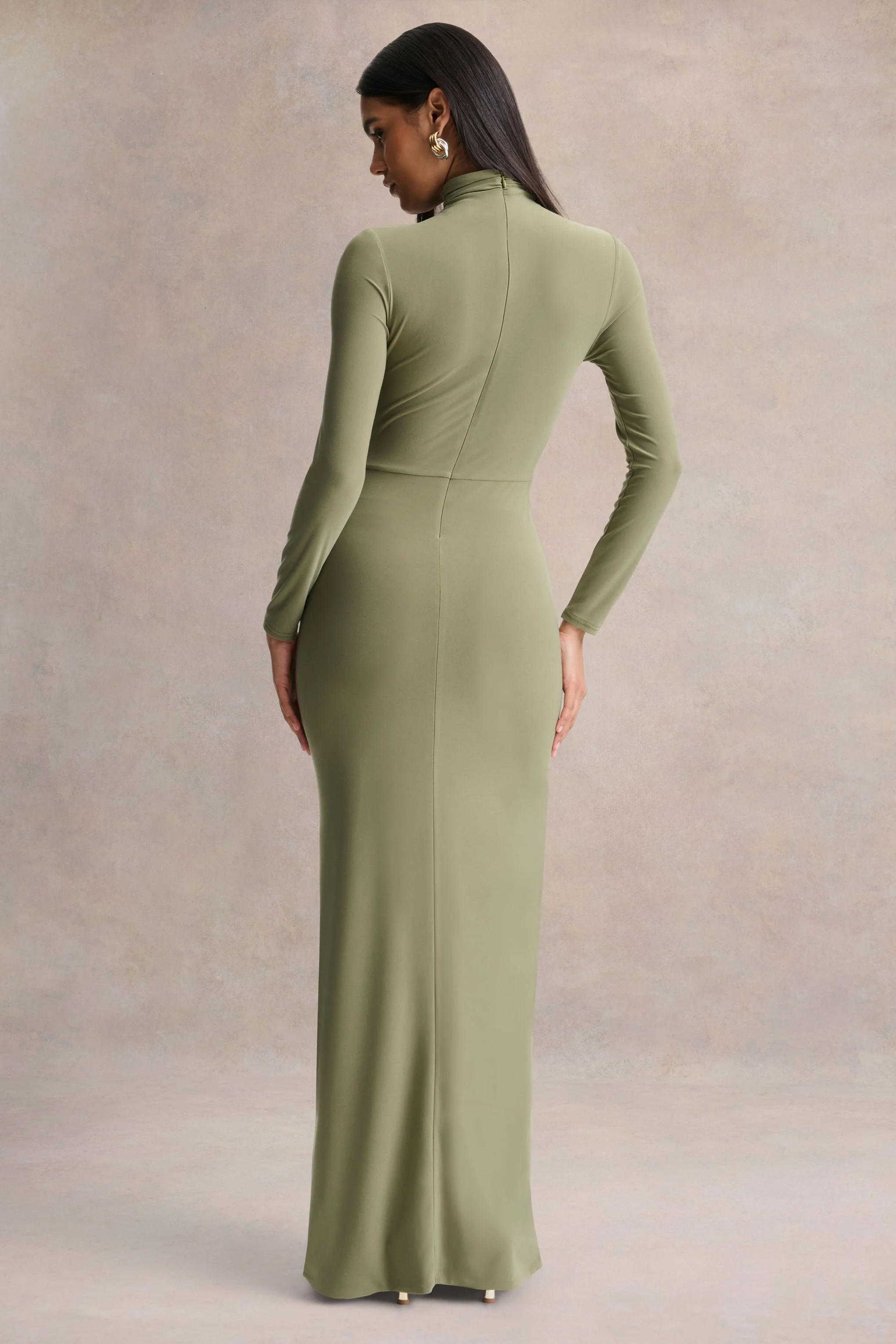 Persis | Olive High-Neck Maxi Dress With Gathered Detailing - Image 2