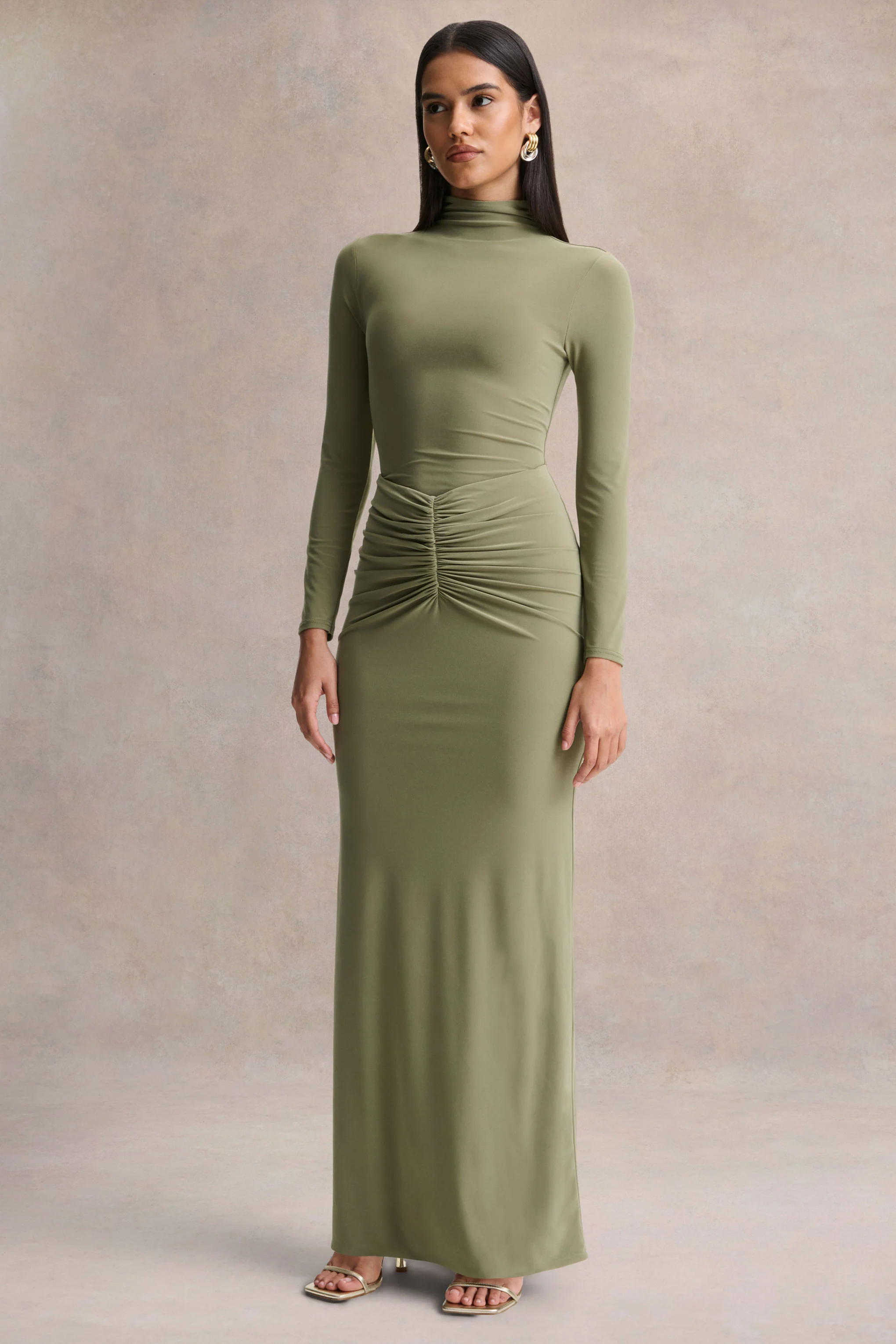 Persis | Olive High-Neck Maxi Dress With Gathered Detailing - Image 4