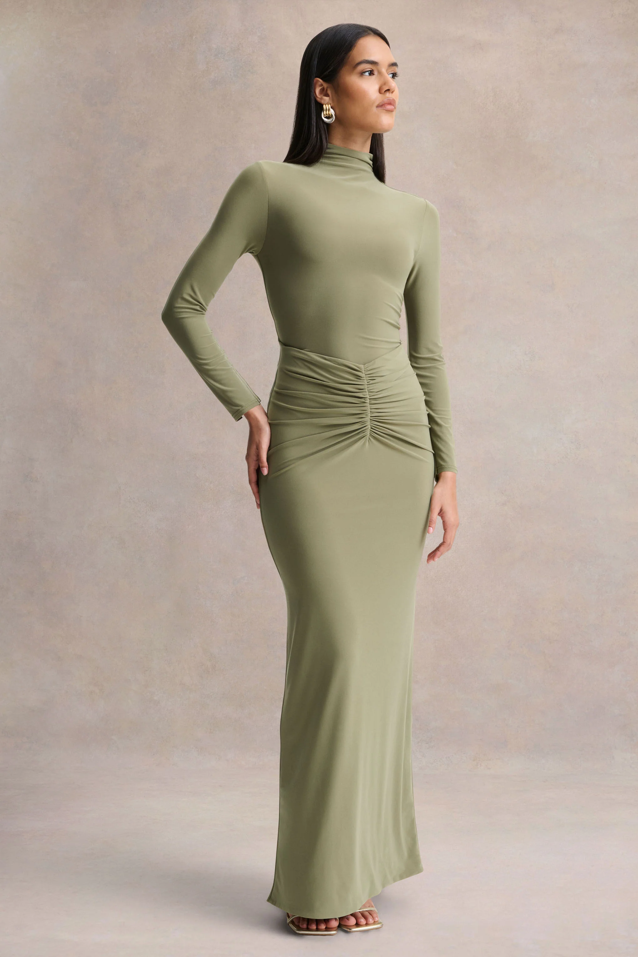 Persis | Olive High-Neck Maxi Dress With Gathered Detailing - Image 5