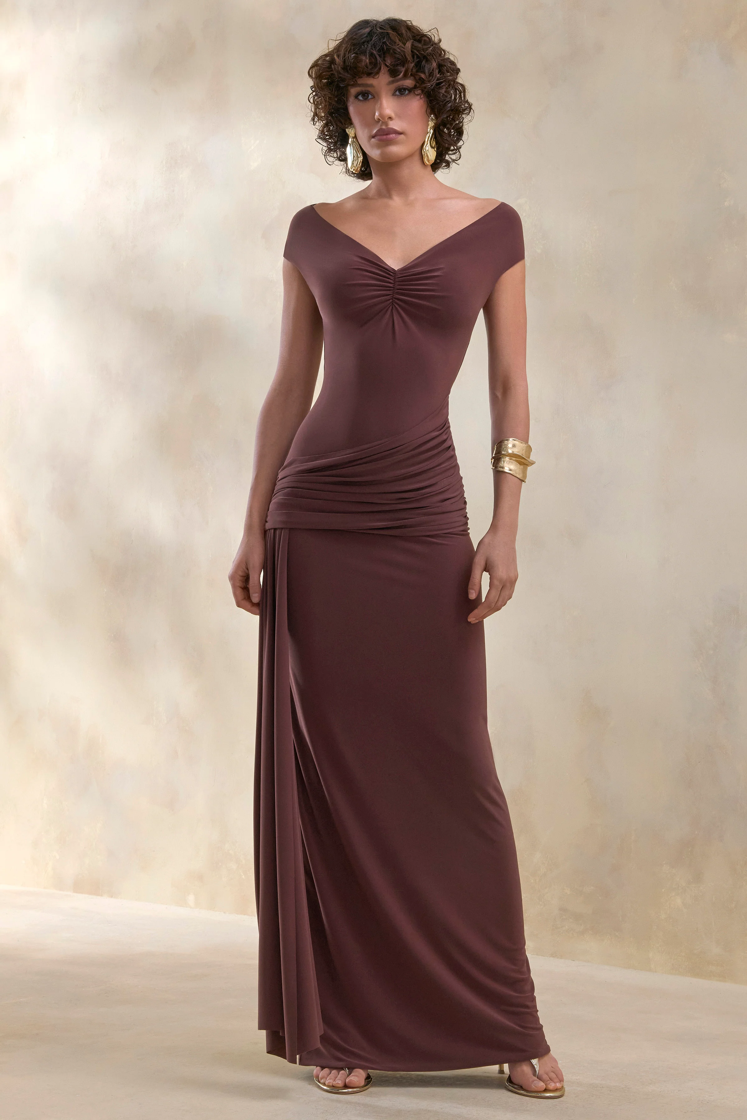 Petronia | Brown V-Neck Maxi Dress With Wrap-Detail - Image 4