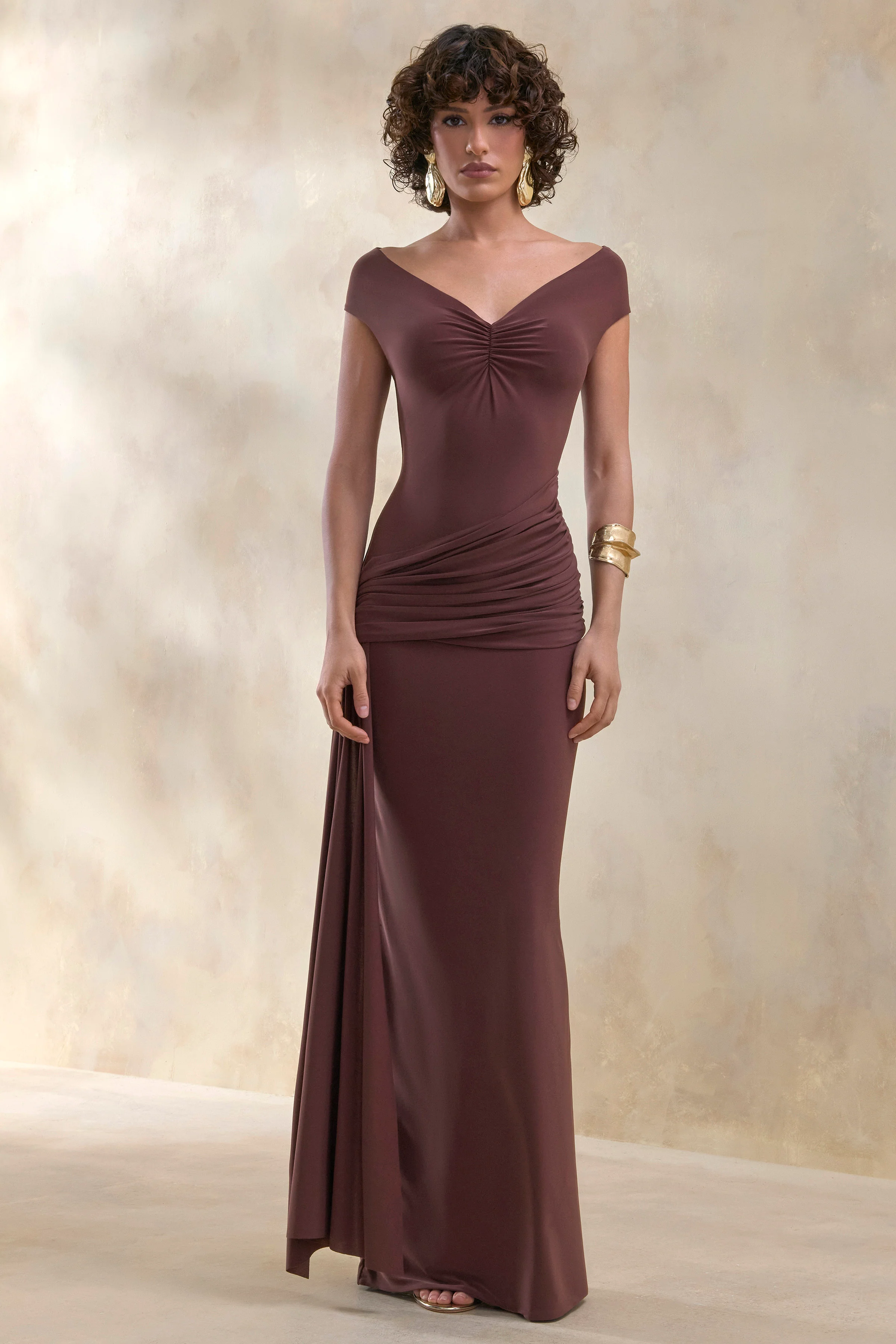 Petronia | Brown V-Neck Maxi Dress With Wrap-Detail - Image 5