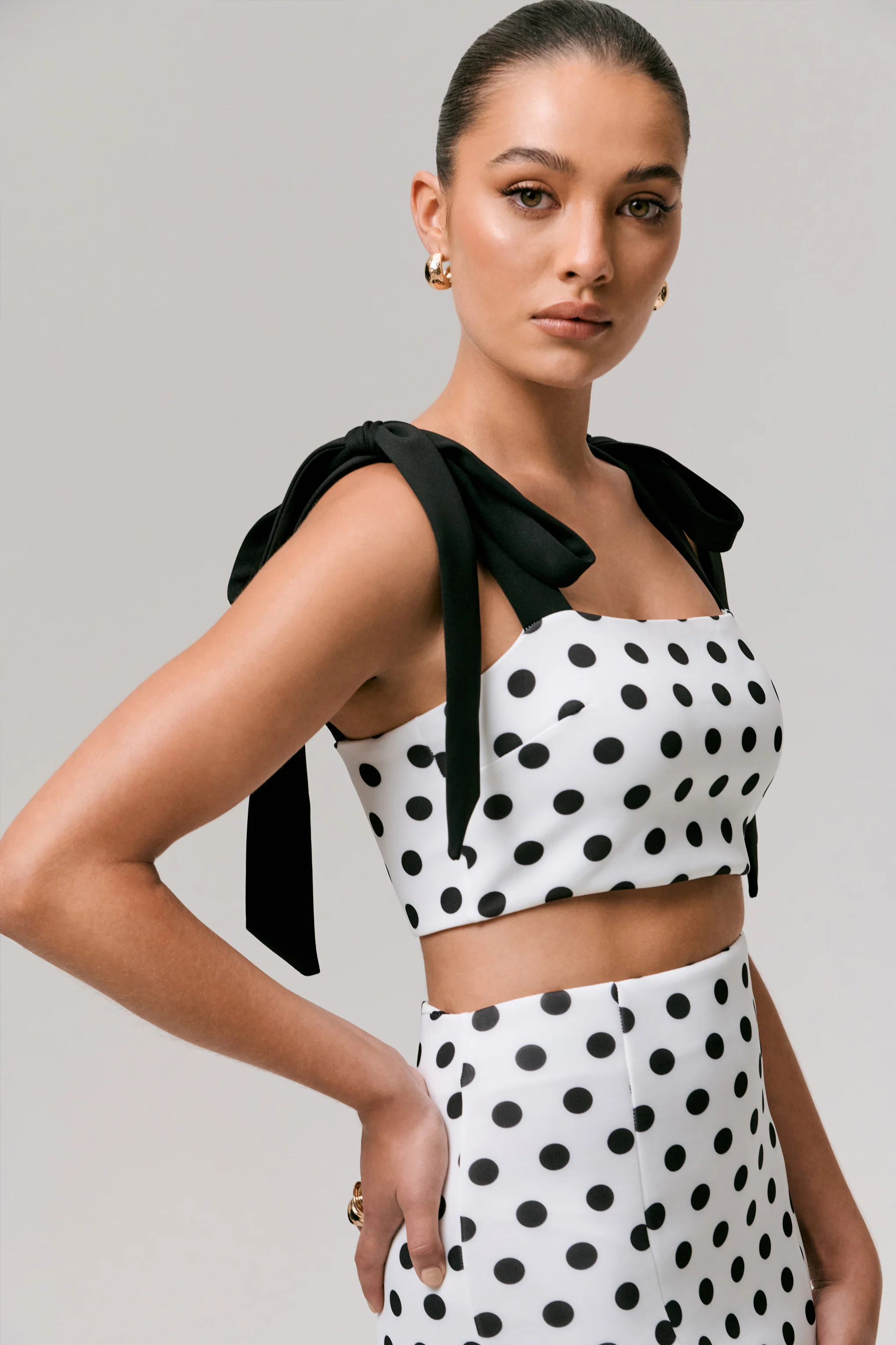 Phoebe | Black & White Polka Dot Crop Top With Tie Straps Tie - Image 3