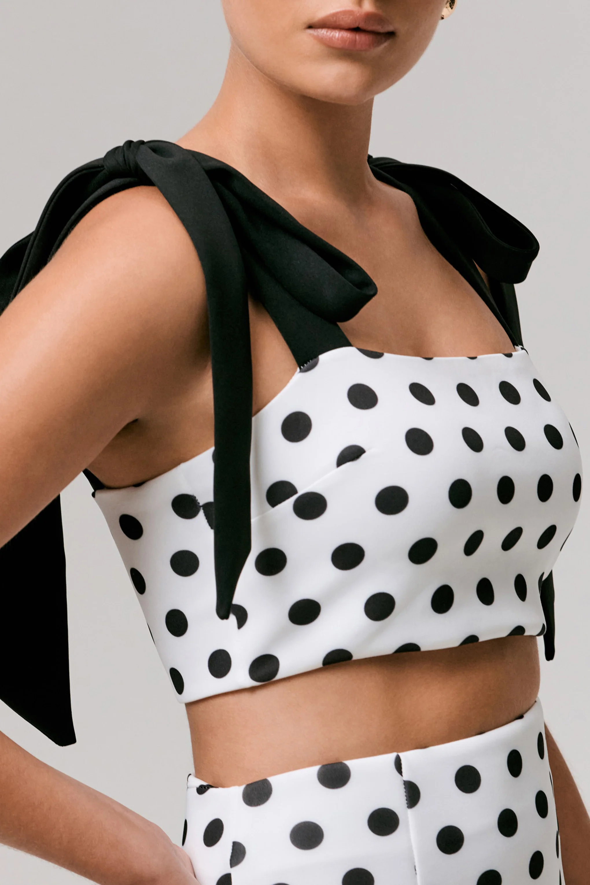 Phoebe | Black & White Polka Dot Crop Top With Tie Straps Tie - Image 4