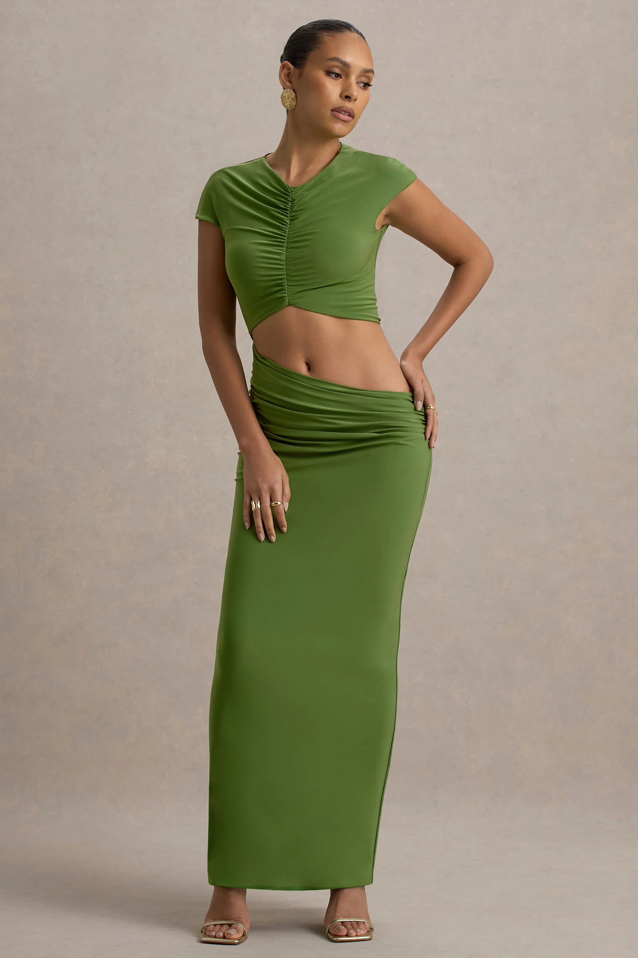 Pia | Green Short-Sleeve Maxi Dress With Cut-Out - Image 5