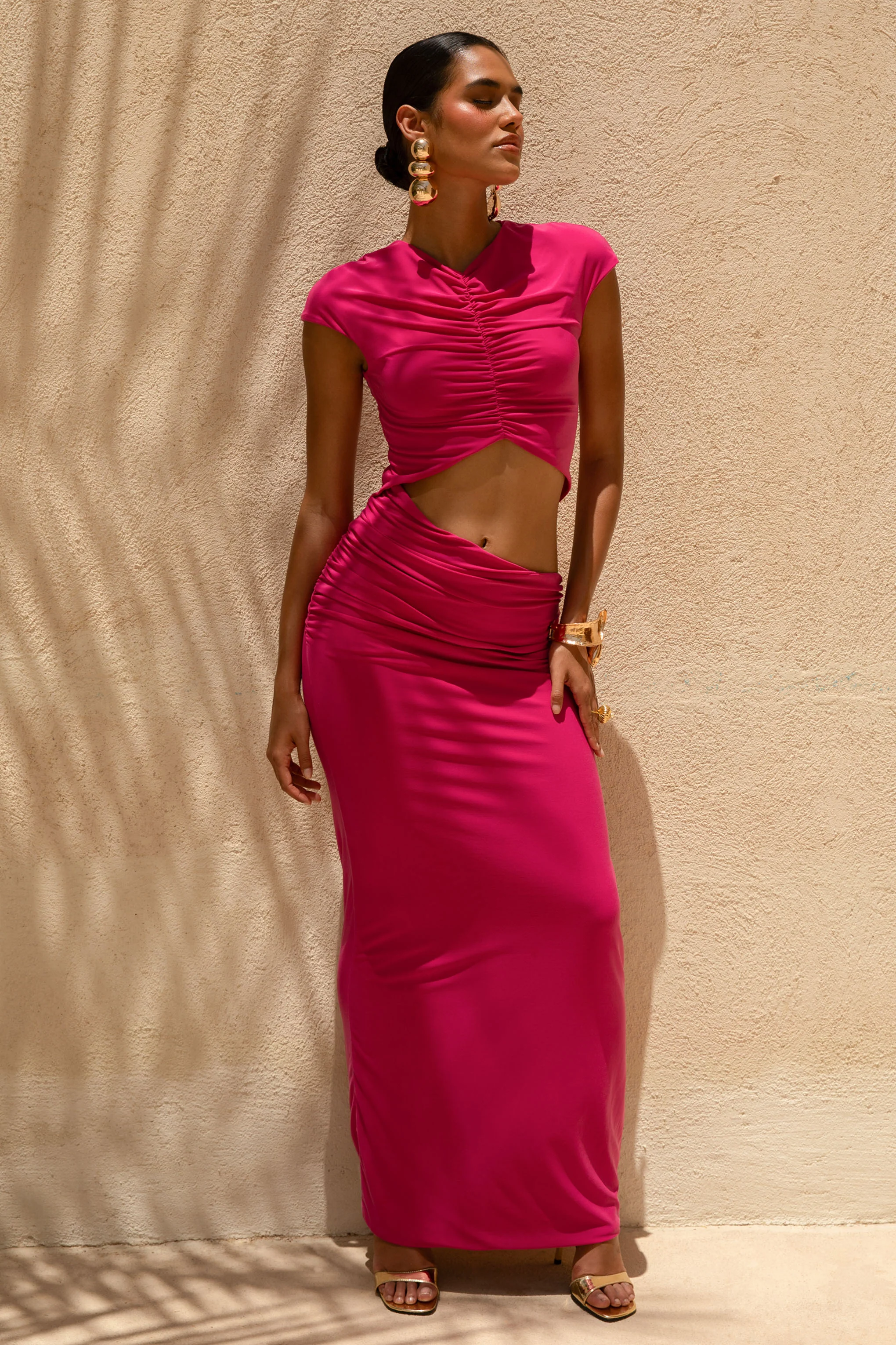 Pia | Hot Pink Short-Sleeve Maxi Dress With Cut-Out - Image 2