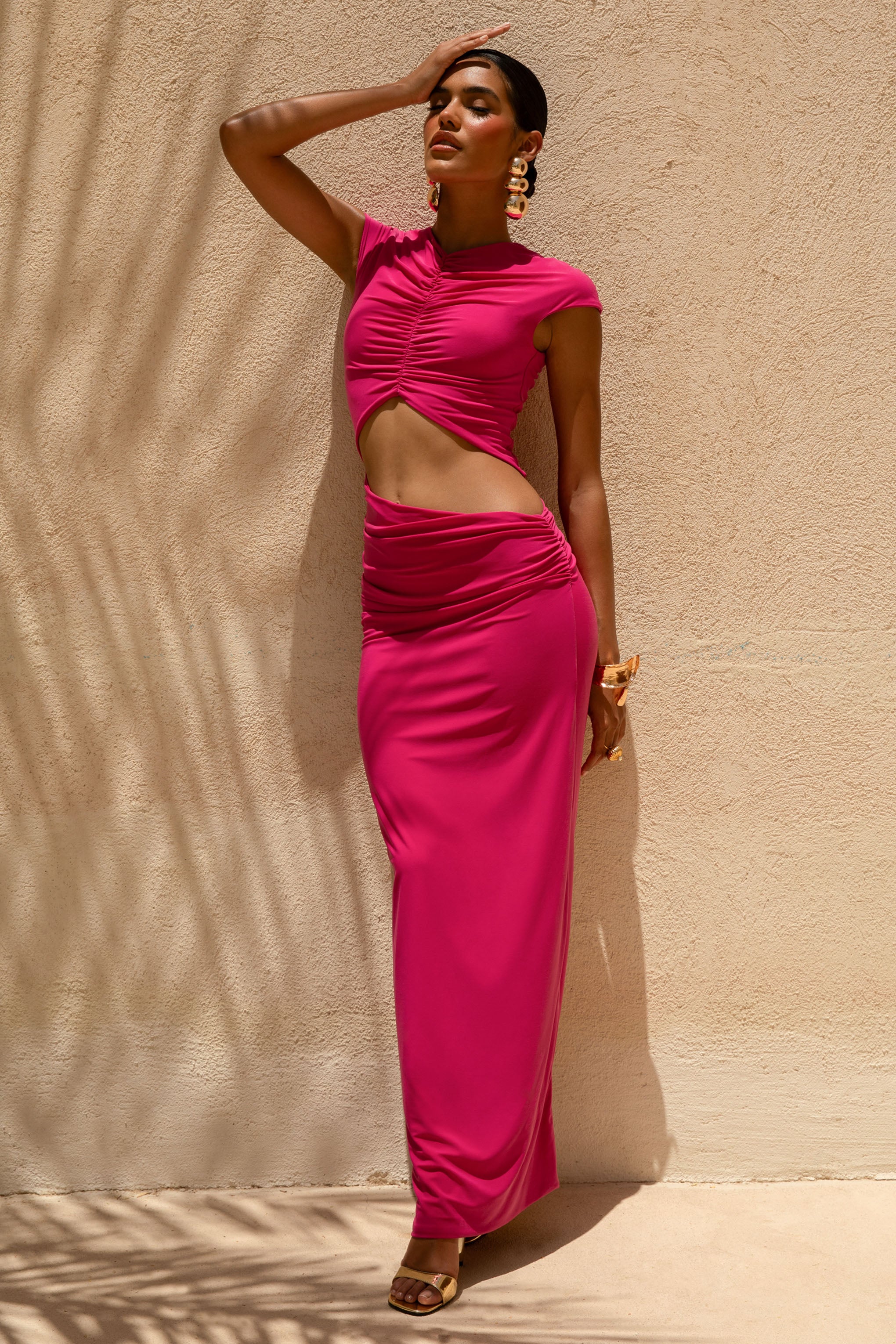 Pia | Hot Pink Short-Sleeve Maxi Dress With Cut-Out - Image 4