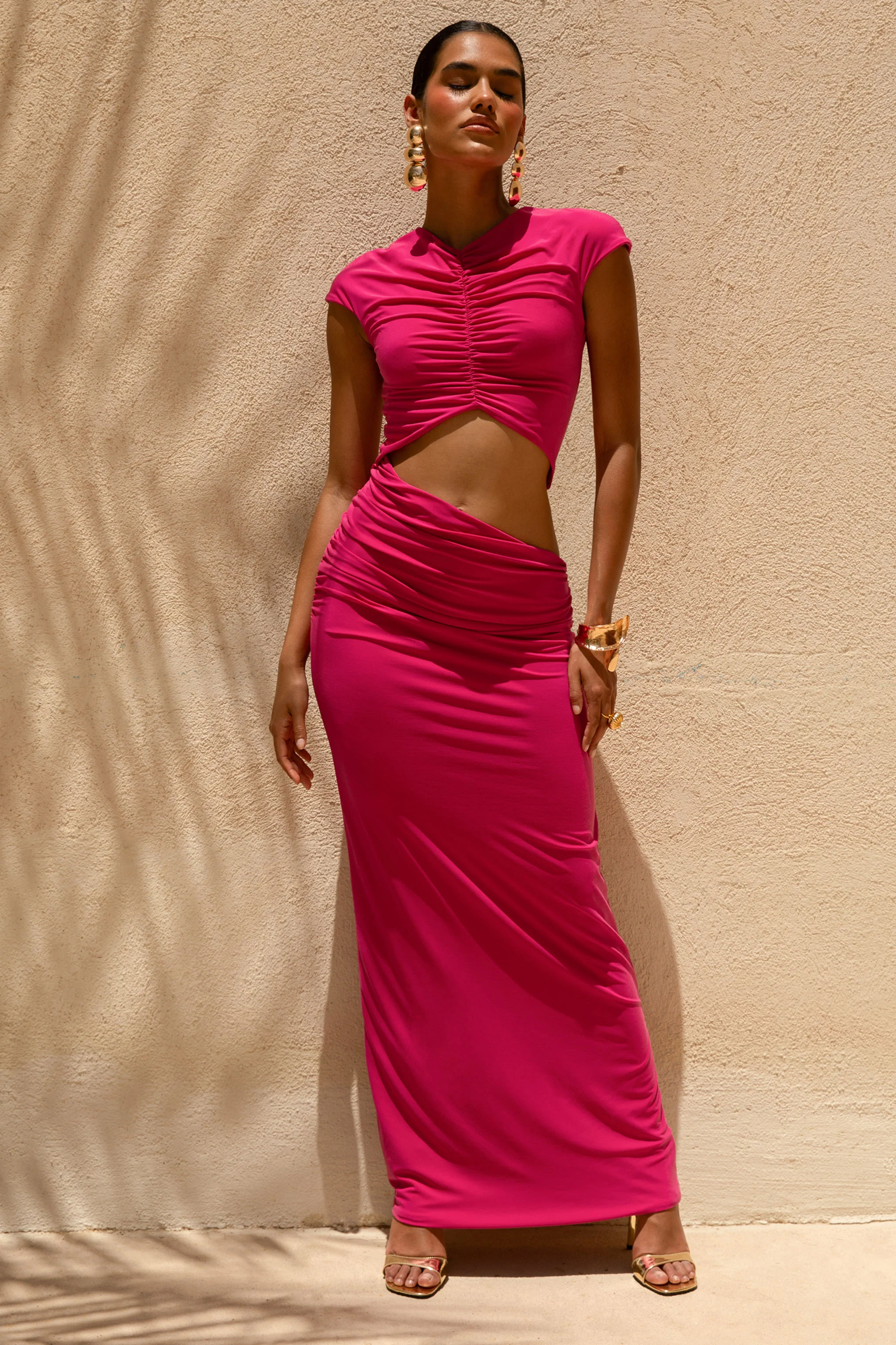 Pia | Hot Pink Short-Sleeve Maxi Dress With Cut-Out - Image 5