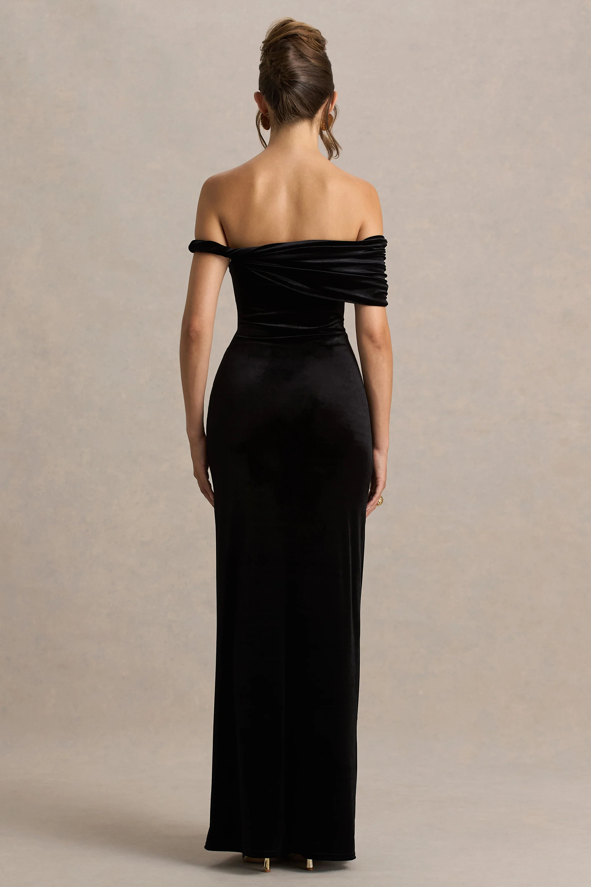 Poised | Black Velvet Bardot-Neck Maxi Dress With Twist-Sleeve - Image 2