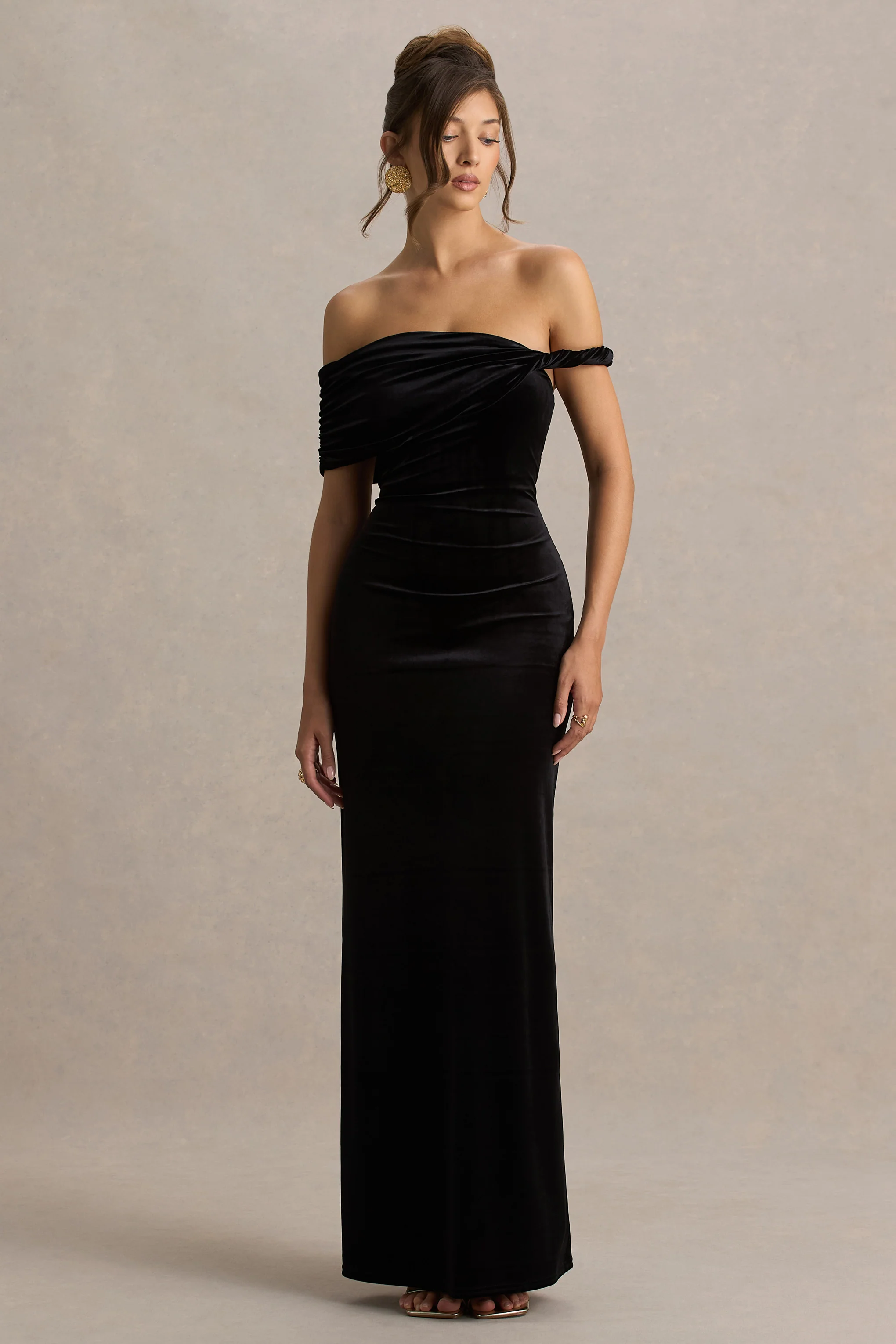 Poised | Black Velvet Bardot-Neck Maxi Dress With Twist-Sleeve - Image 4