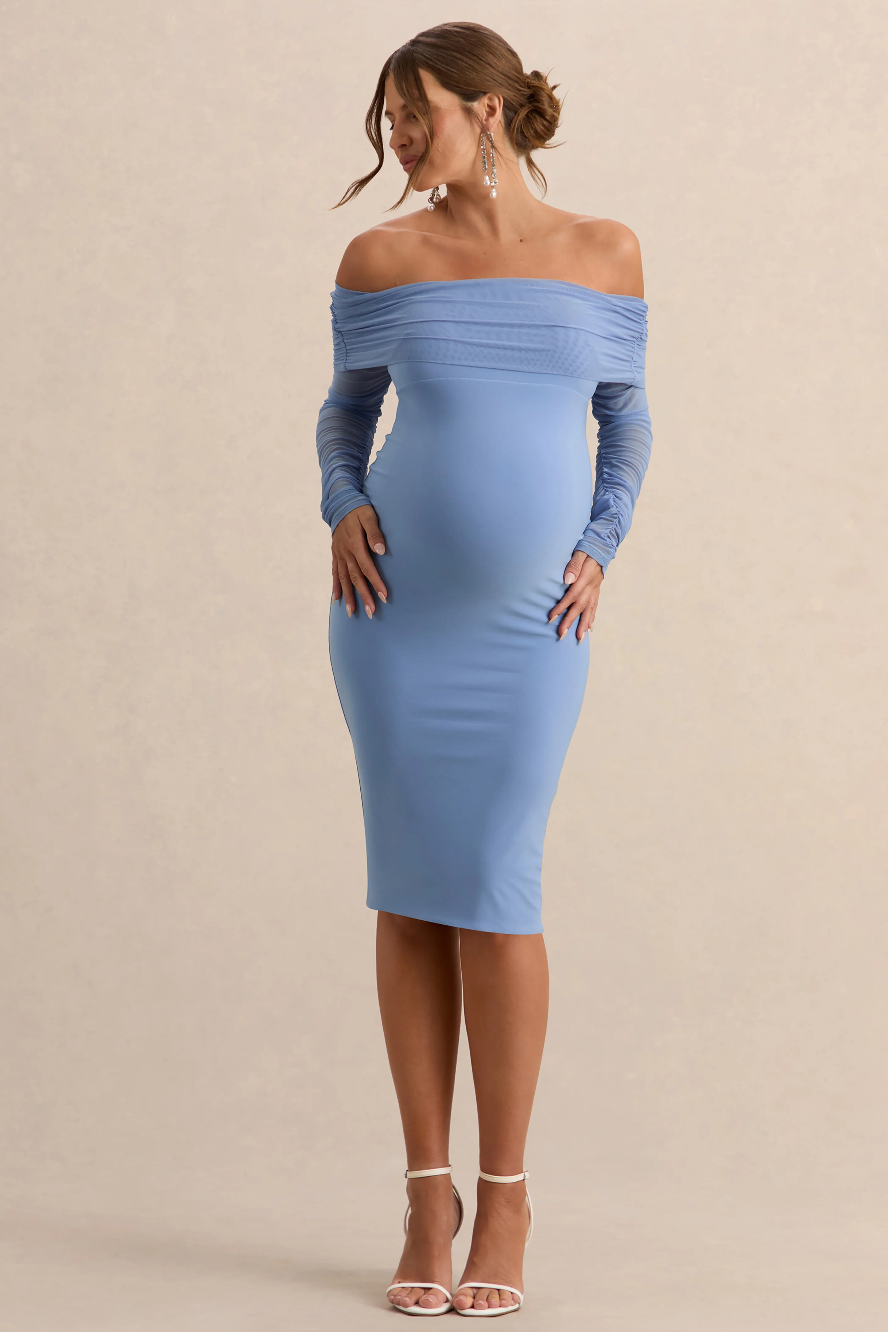 Patiently Waiting | Powder Blue Maternity Ruched Mesh Bardot Midi Dress - Image 4