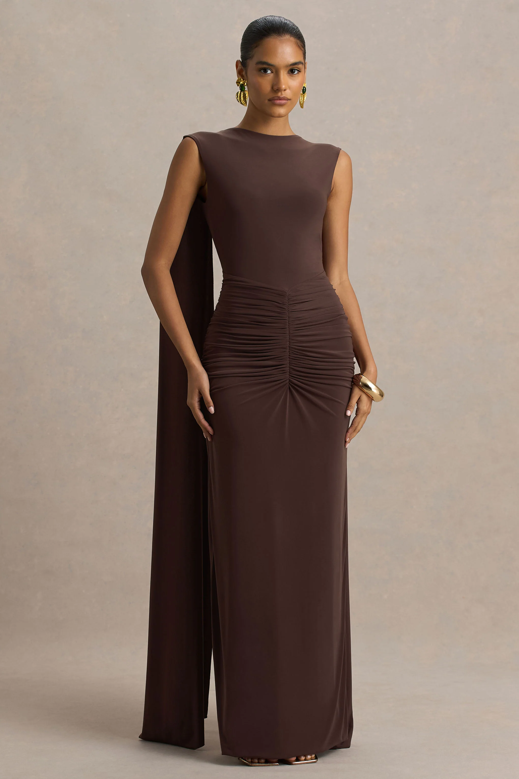 Premiere | Brown Boat-Neck Maxi Dress With Cape Sleeves And Open-Back - Image 2