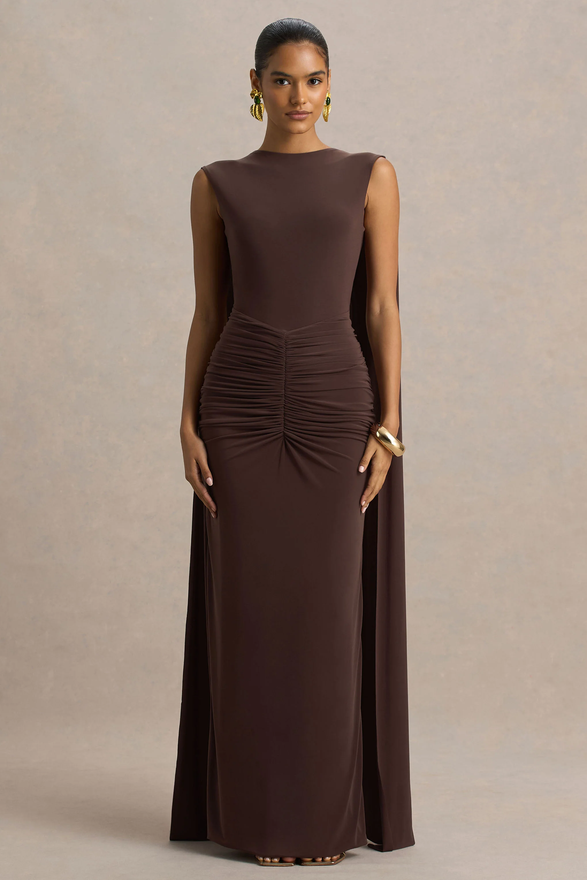 Premiere | Brown Boat-Neck Maxi Dress With Cape Sleeves And Open-Back - Image 5