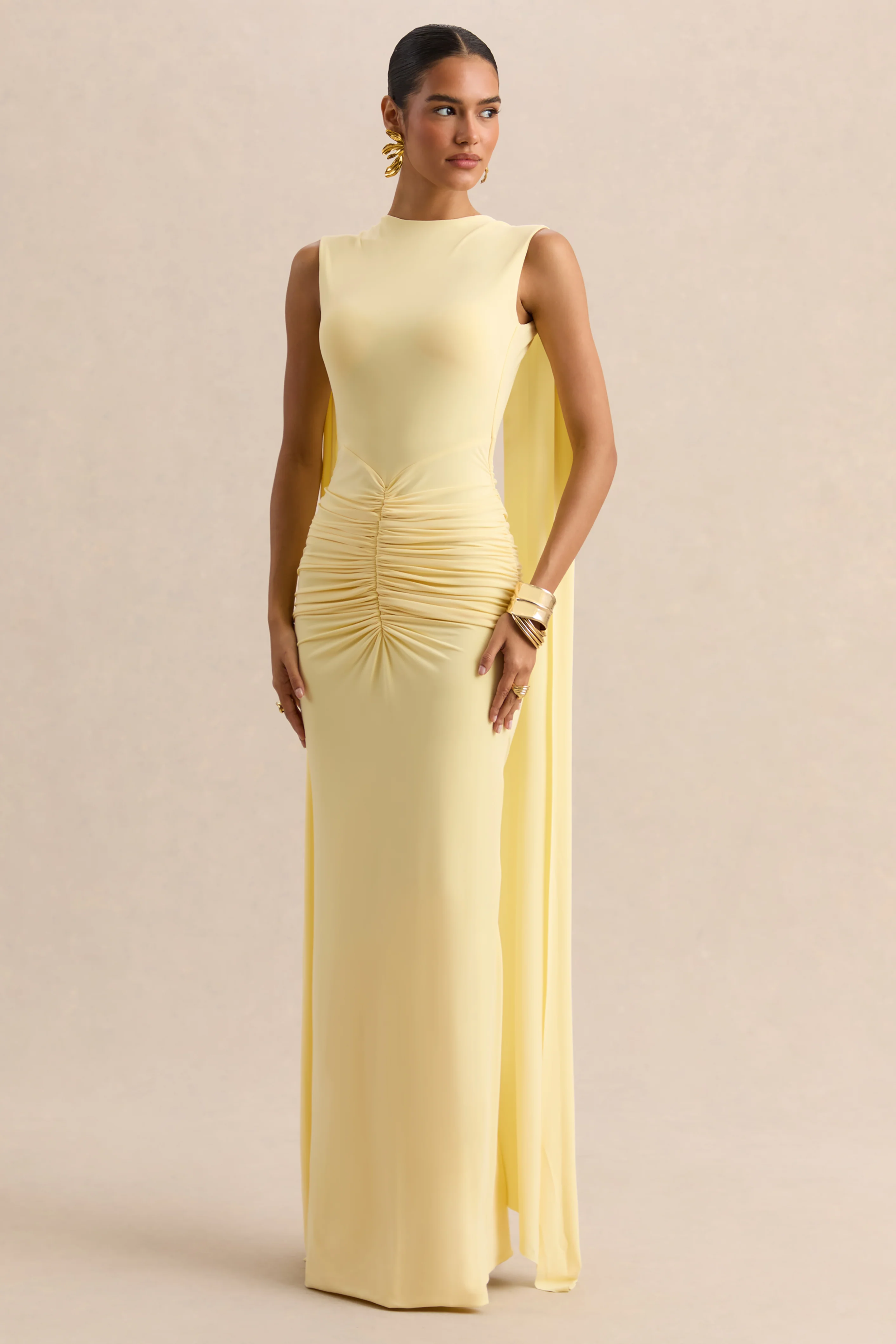 Premiere | Lemon Boat-Neck Maxi Dress With Cape-Sleeves And Open-Back - Image 6