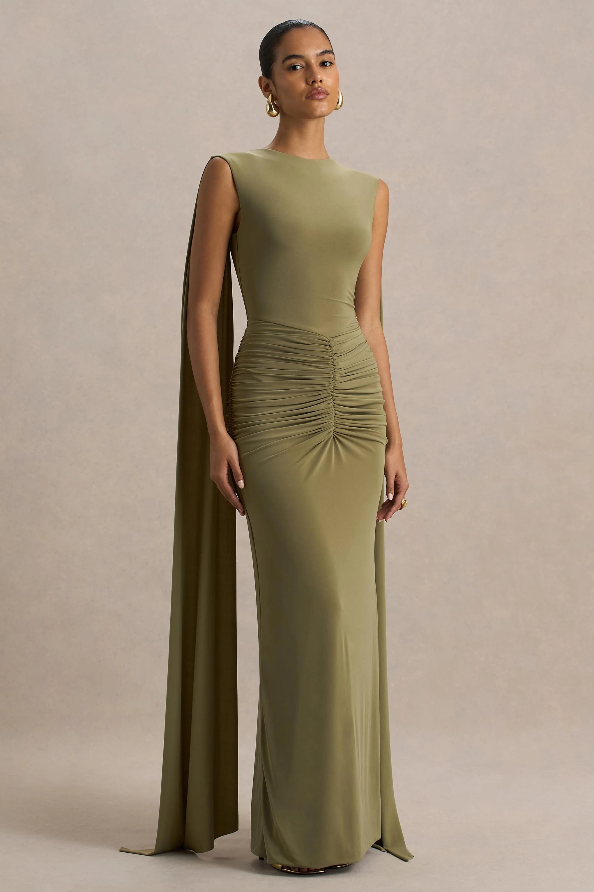 Premiere | Olive Boat-Neck Maxi Dress With Cape-Sleeves And Open-Back - Image 2