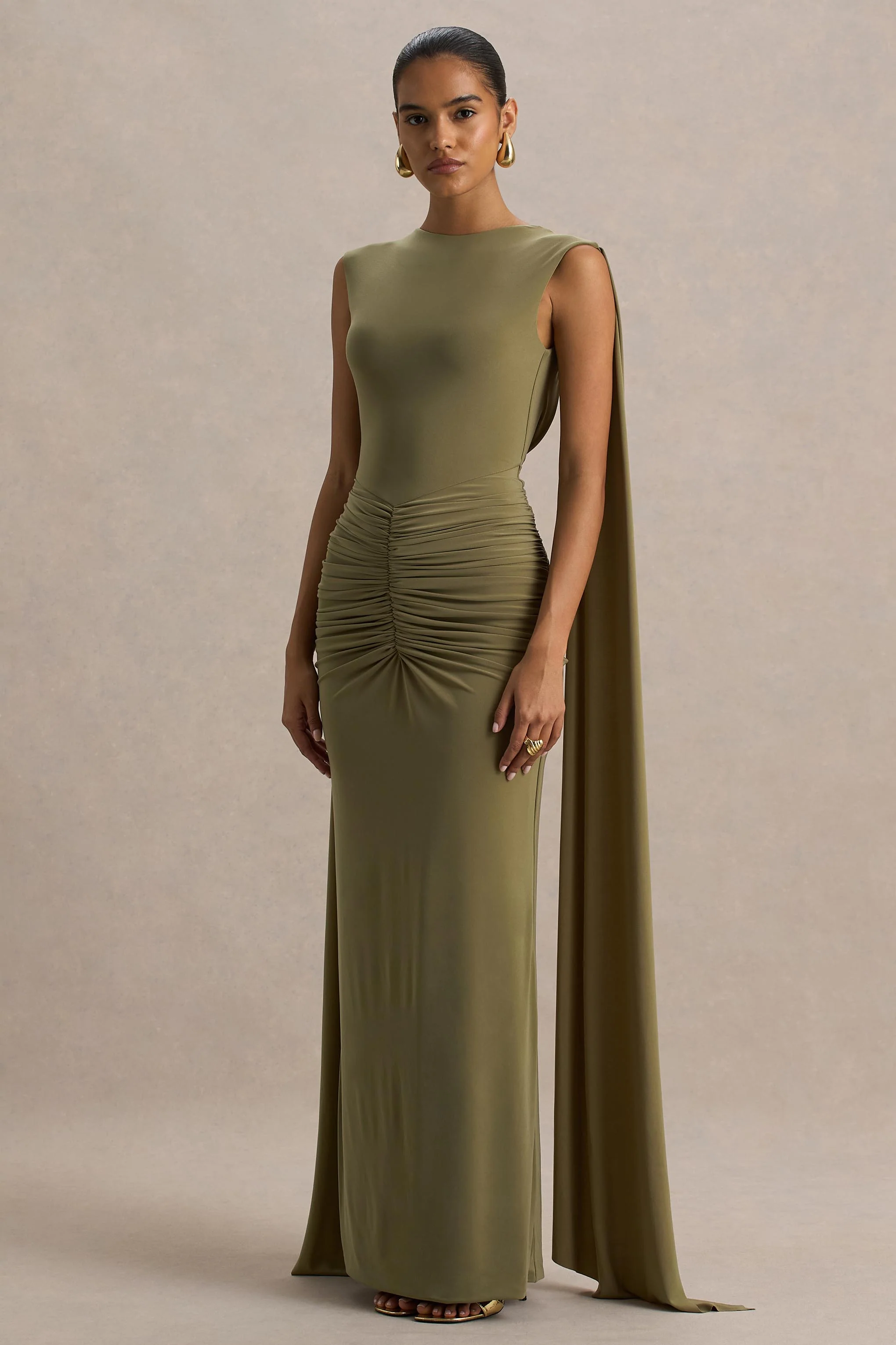 Premiere | Olive Boat-Neck Maxi Dress With Cape-Sleeves And Open-Back - Image 3