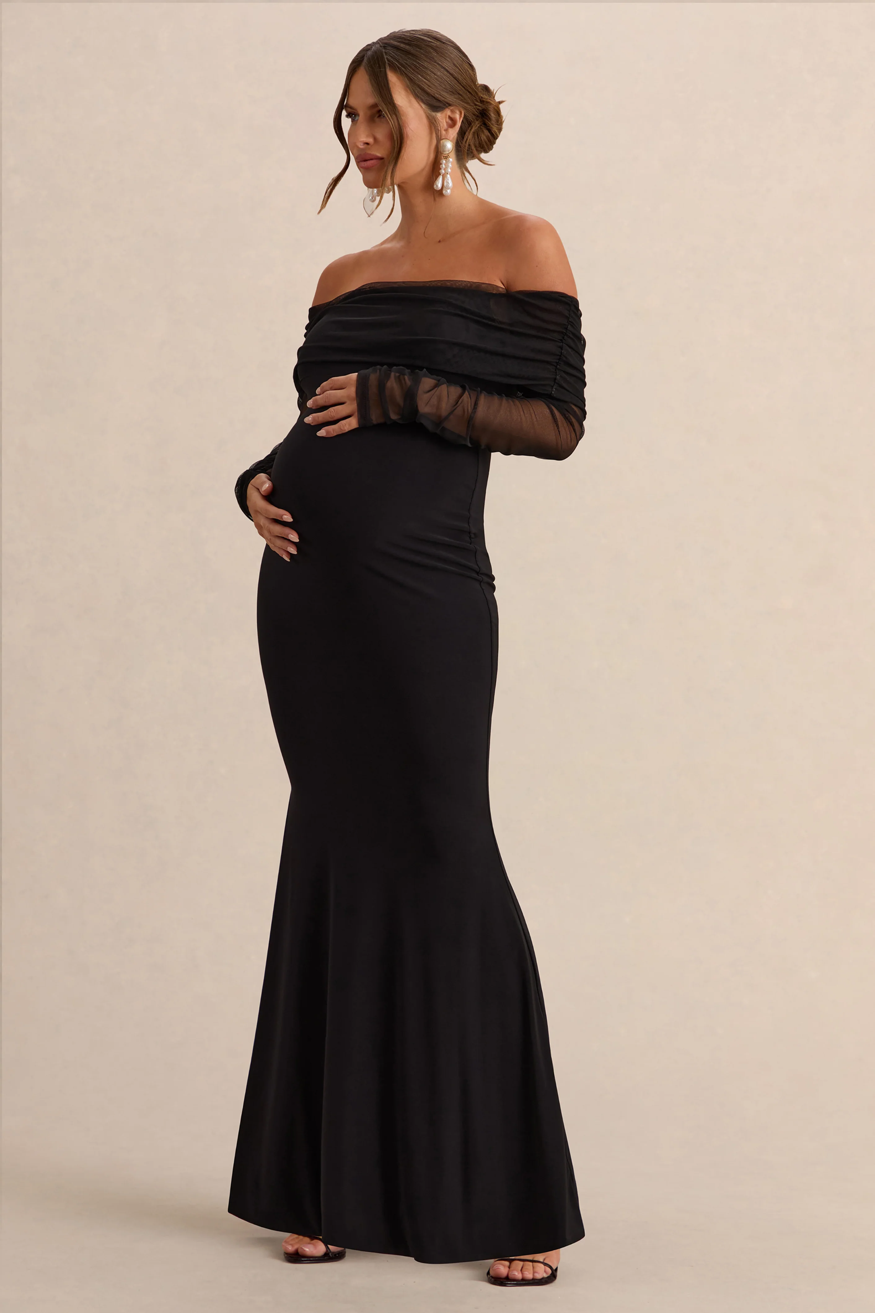 Pretty Perfect | Black Maternity Bardot-Neck Maxi Dress - Image 4