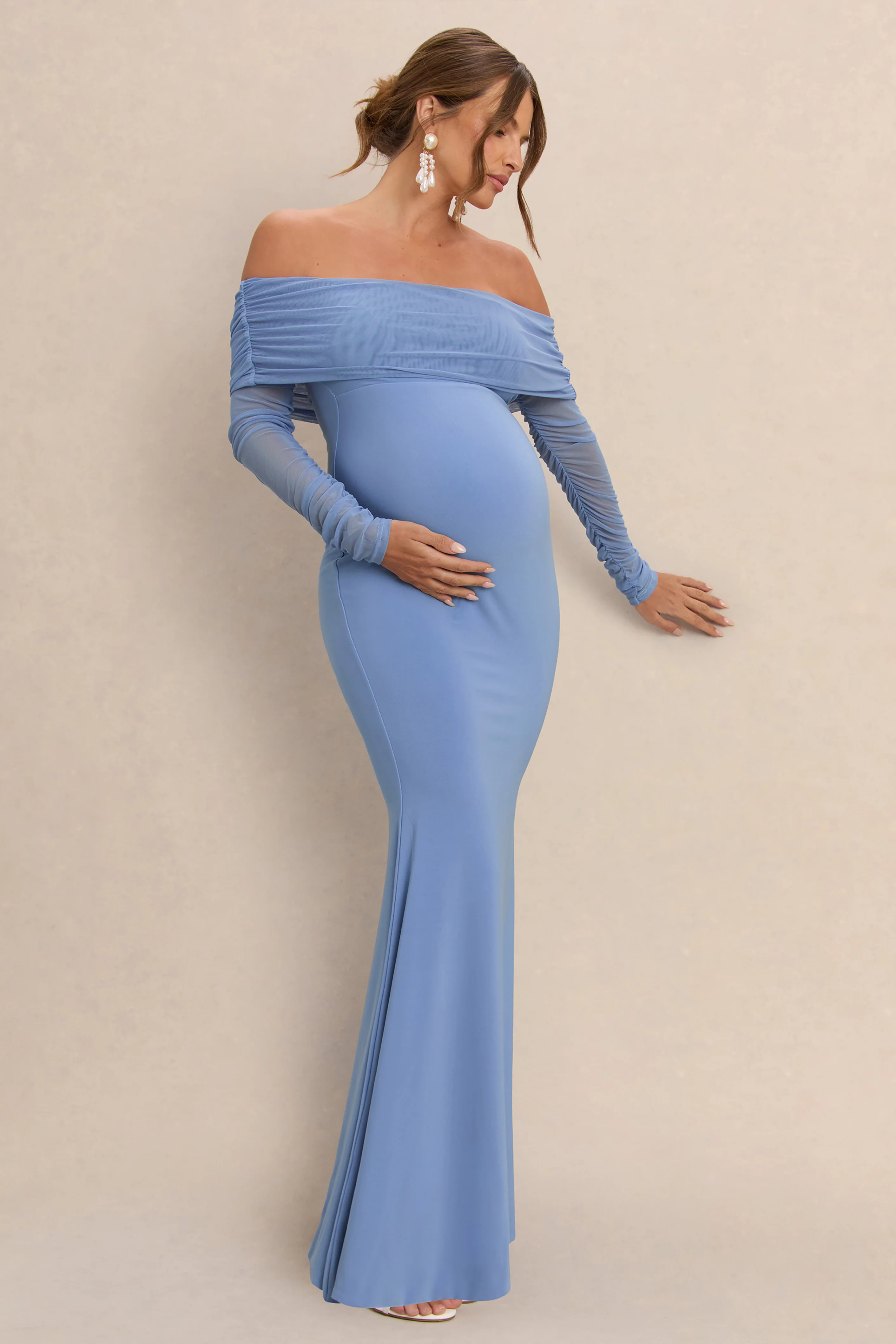Pretty Perfect | Powder Blue Maternity Ruched Mesh Bardot Maxi Dress - Image 3