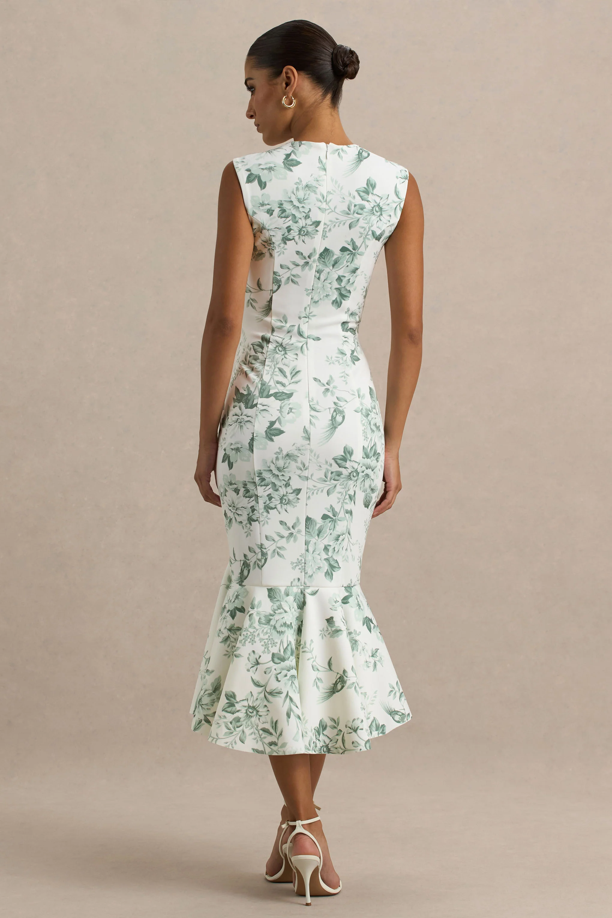 Priceless | Green Porcelain Print Print High-Neck Fishtail Midi Dress - Image 2