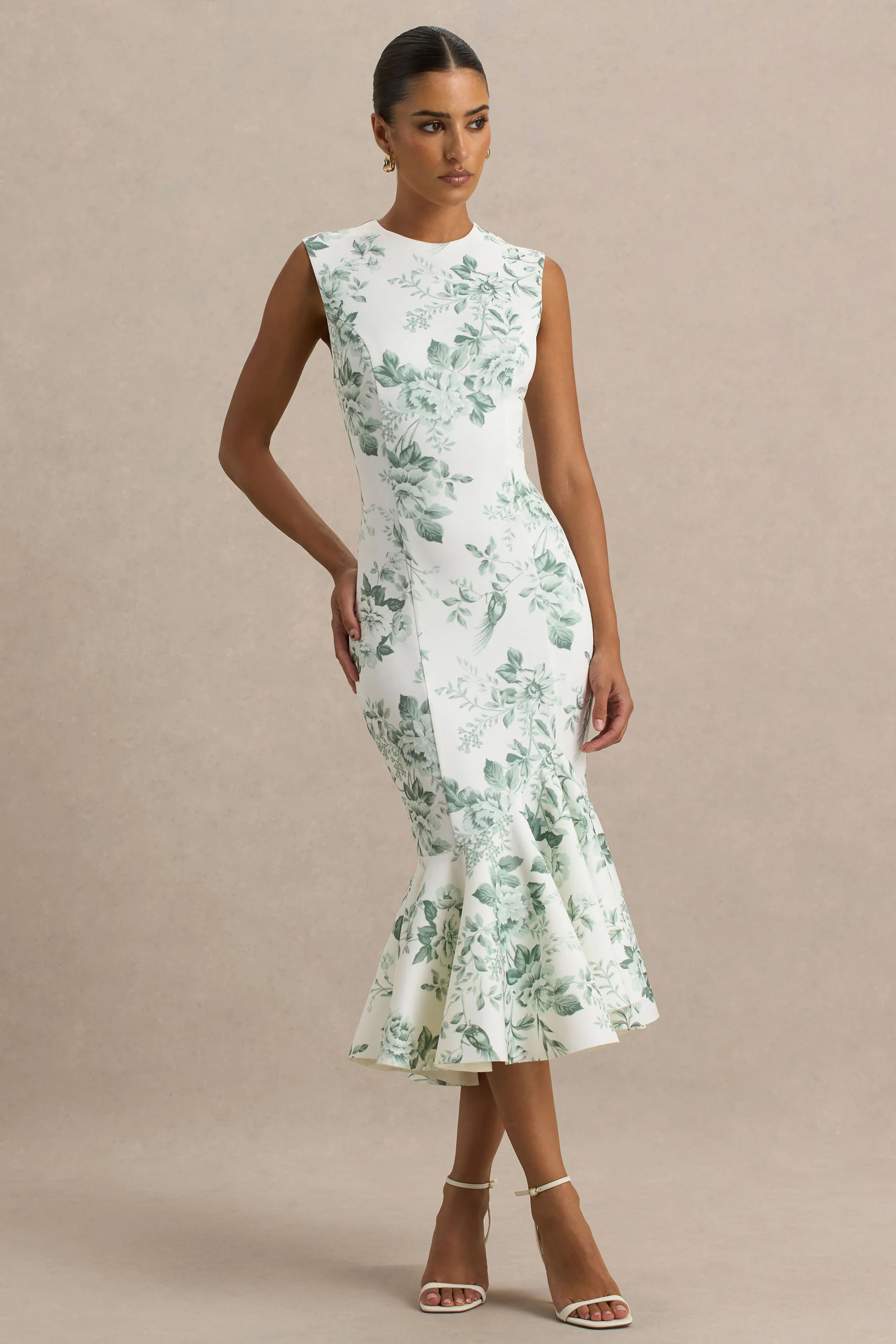 Priceless | Green Porcelain Print Print High-Neck Fishtail Midi Dress - Image 3