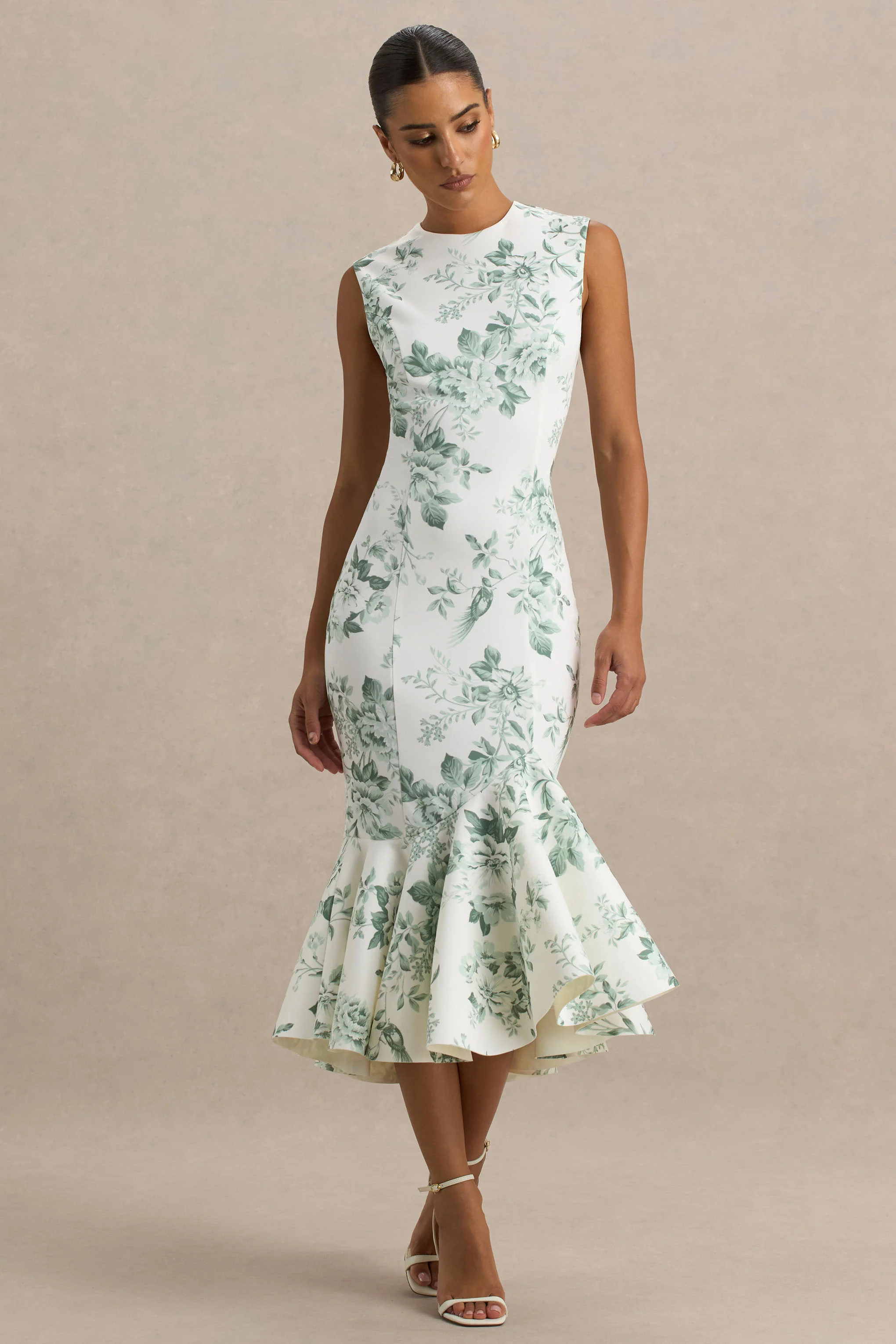 Priceless | Green Porcelain Print Print High-Neck Fishtail Midi Dress - Image 4
