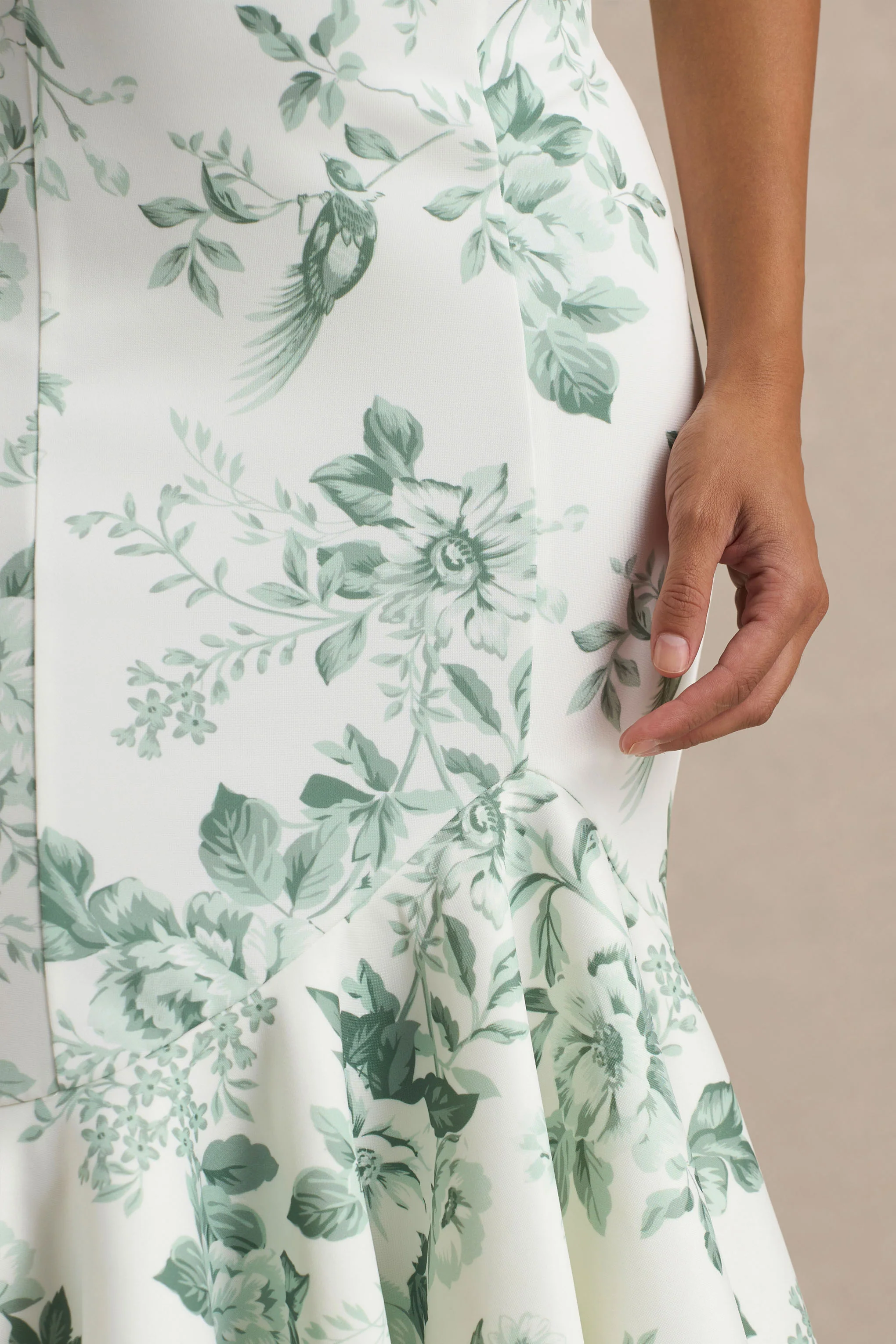 Priceless | Green Porcelain Print Print High-Neck Fishtail Midi Dress - Image 6