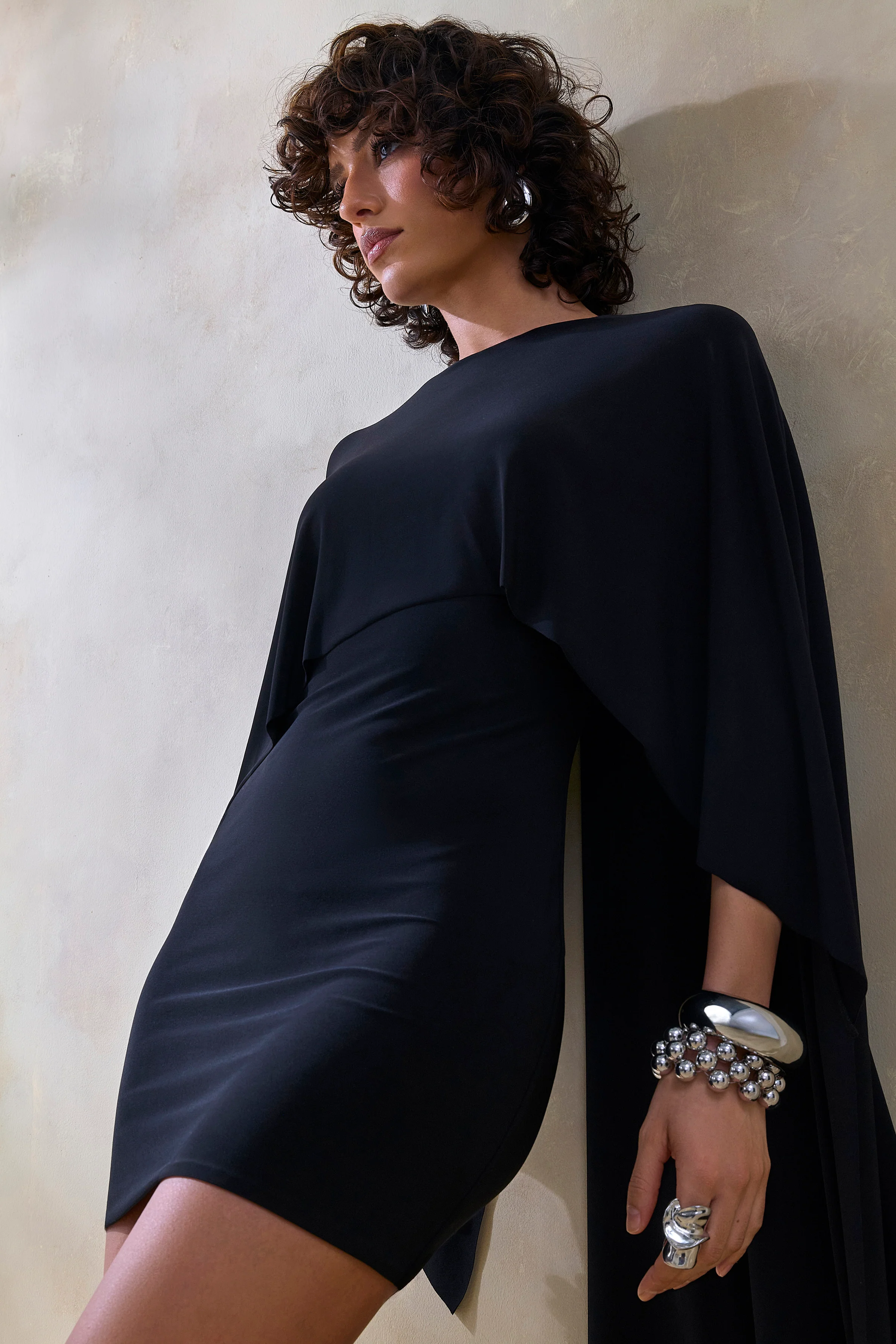 Prislia | Black Round-Neck Mini Dress With Cape - Image 3