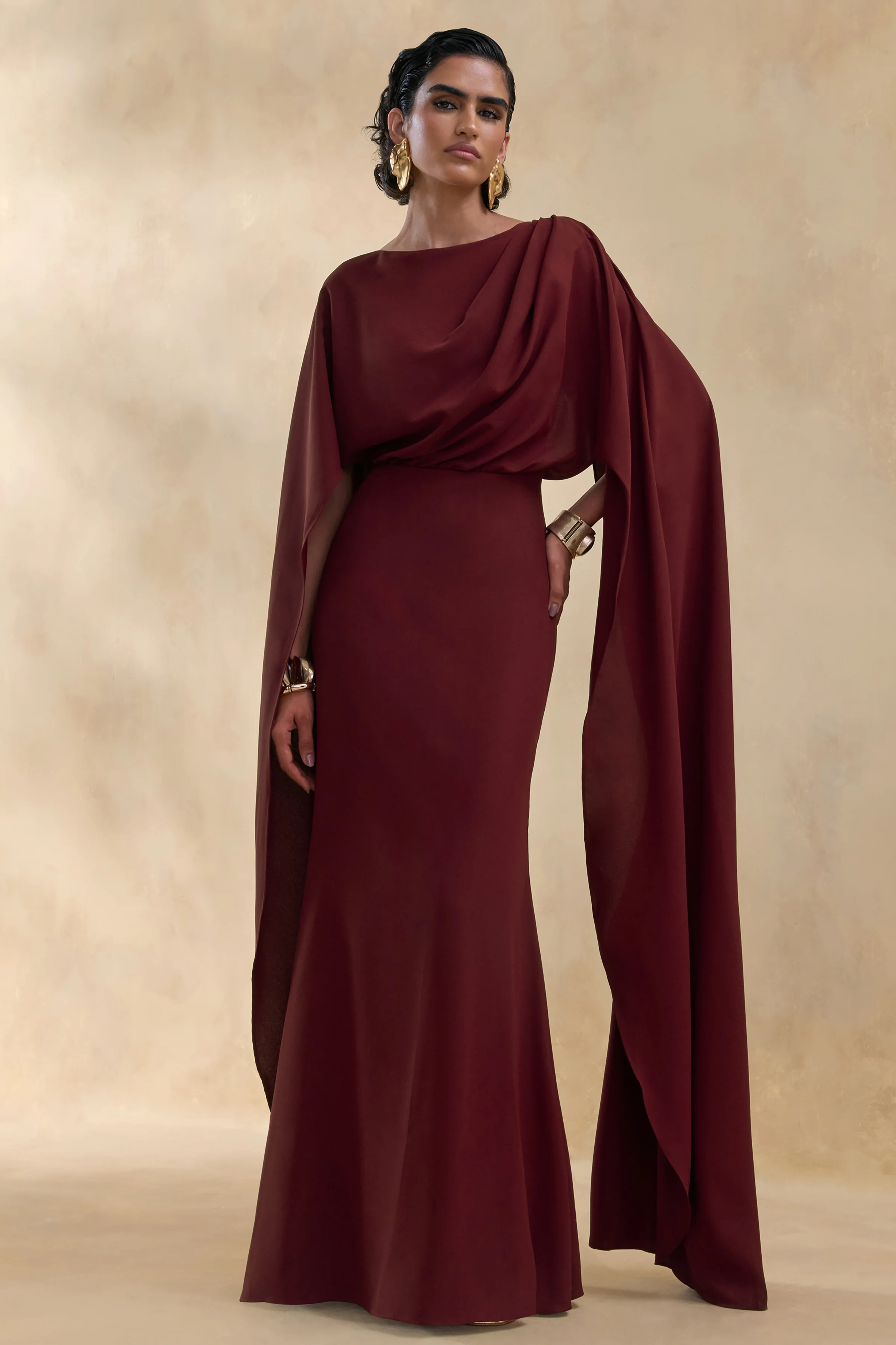 Pristina | Burgundy Boat-Neck Woven Maxi Dress With Cape Detail