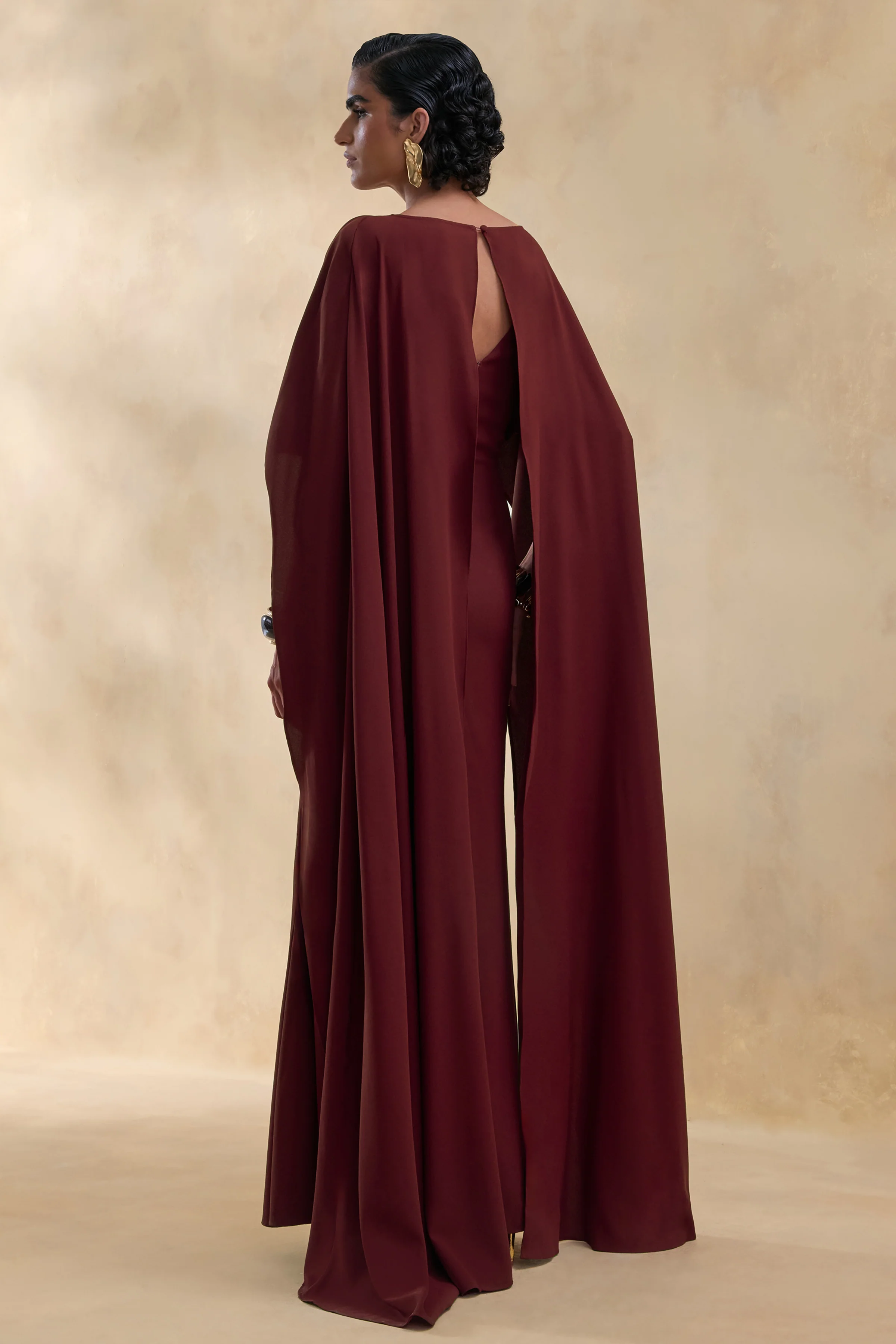Pristina | Burgundy Boat-Neck Woven Maxi Dress With Cape Detail - Image 2