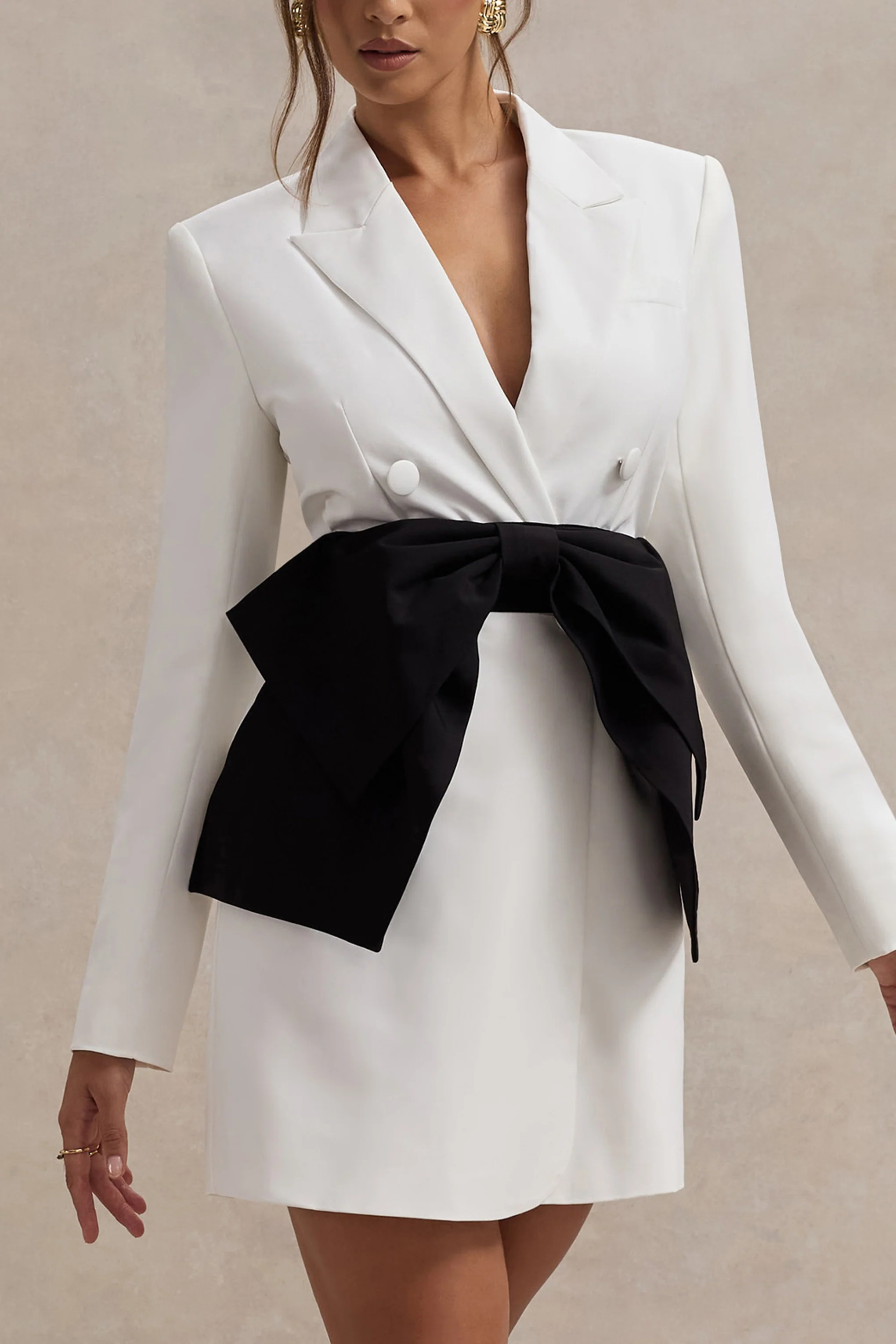 Prized | White Tailored Blazer Dress With Black Bow - Image 3