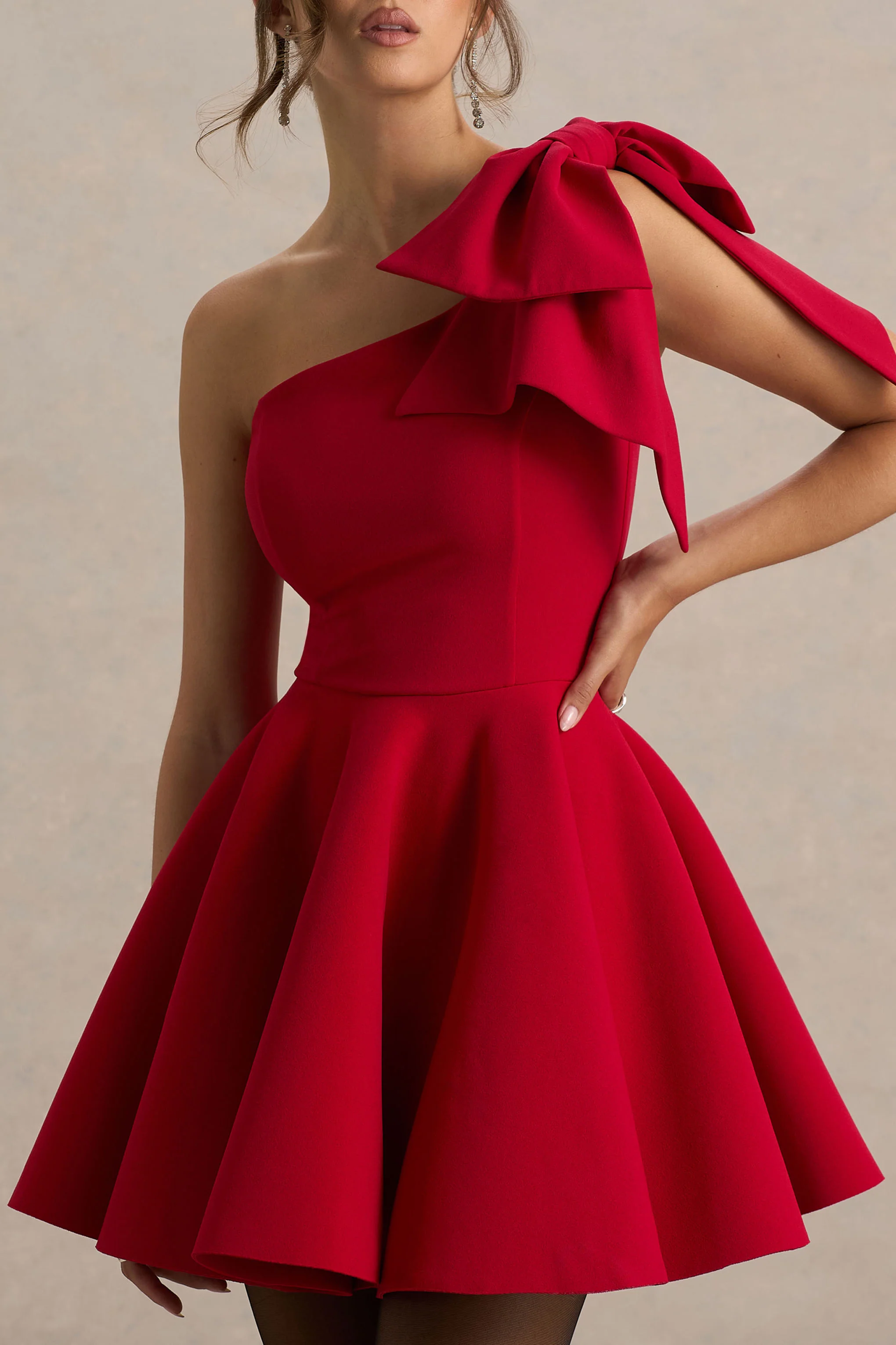 Prosperity | Red Asymmetric-Neck Mini Dress With Bow Detail - Image 3