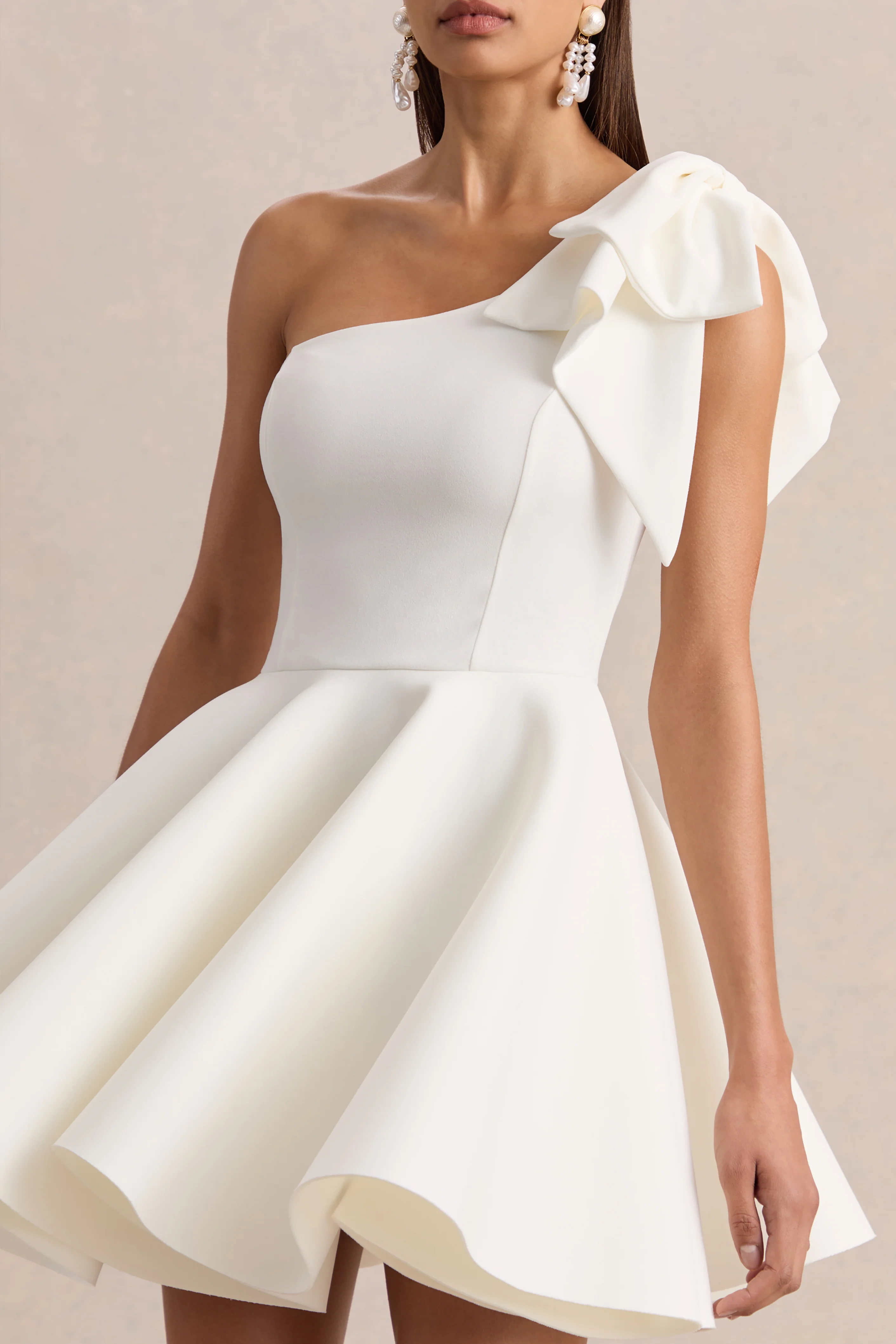 Prosperity | White Asymmetric-Neck Mini Dress With Bow Detail - Image 3
