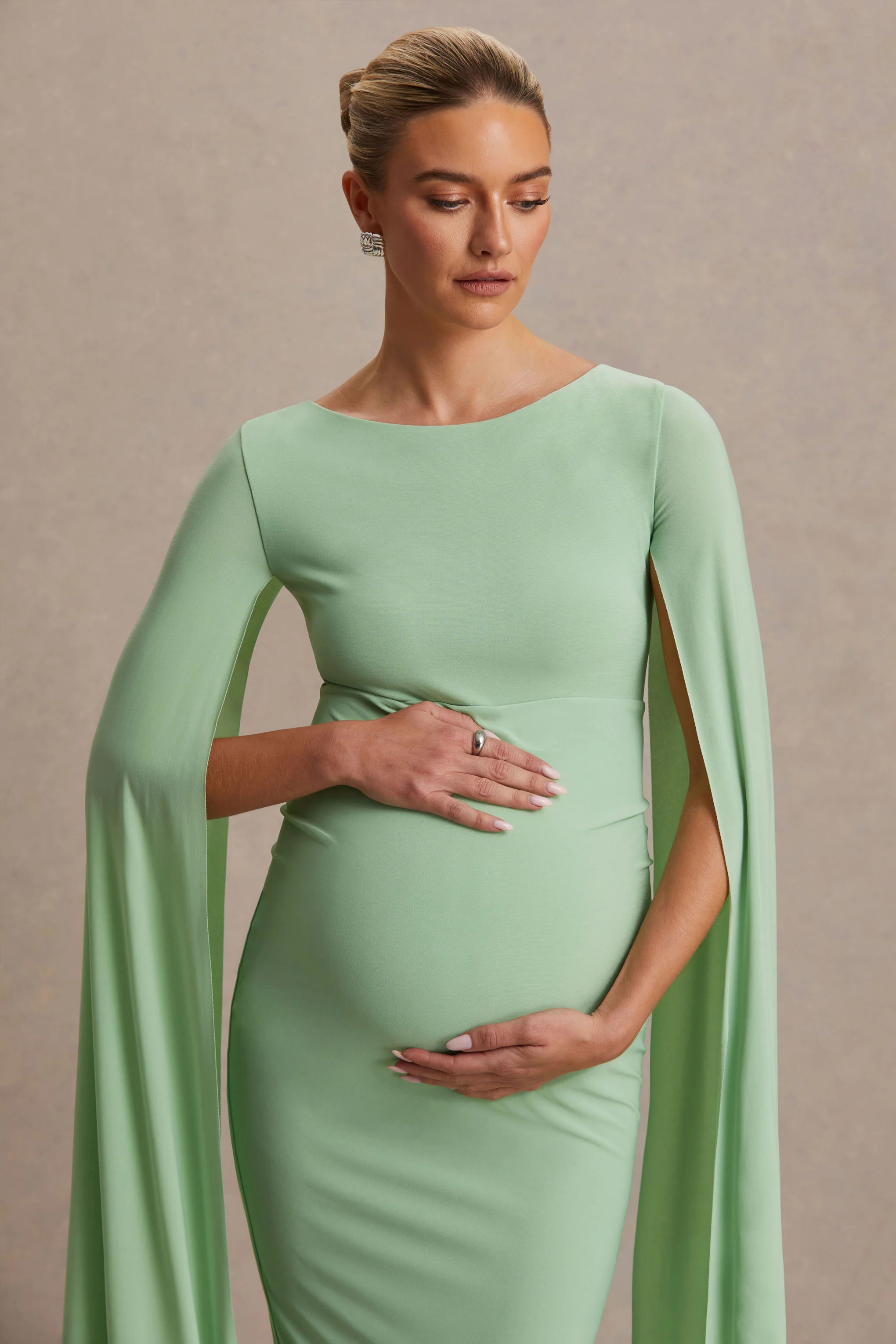 Providence | Light Green High-Neck Maternity Midi Dress With Cape Sleeves - Image 6