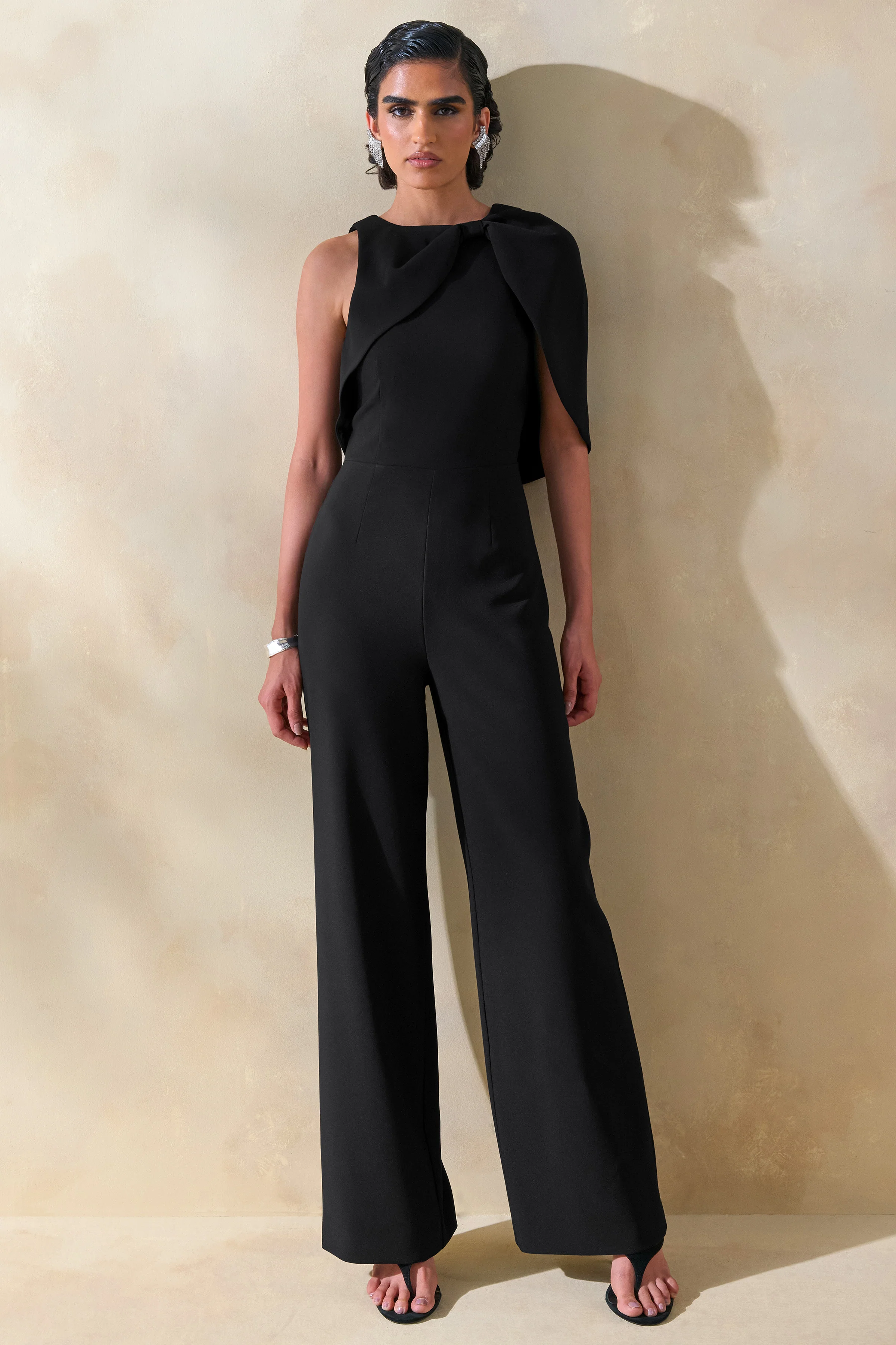 Quinley | Black Asymmetric-Neck Jumpsuit With Cape-Sleeve - Image 5