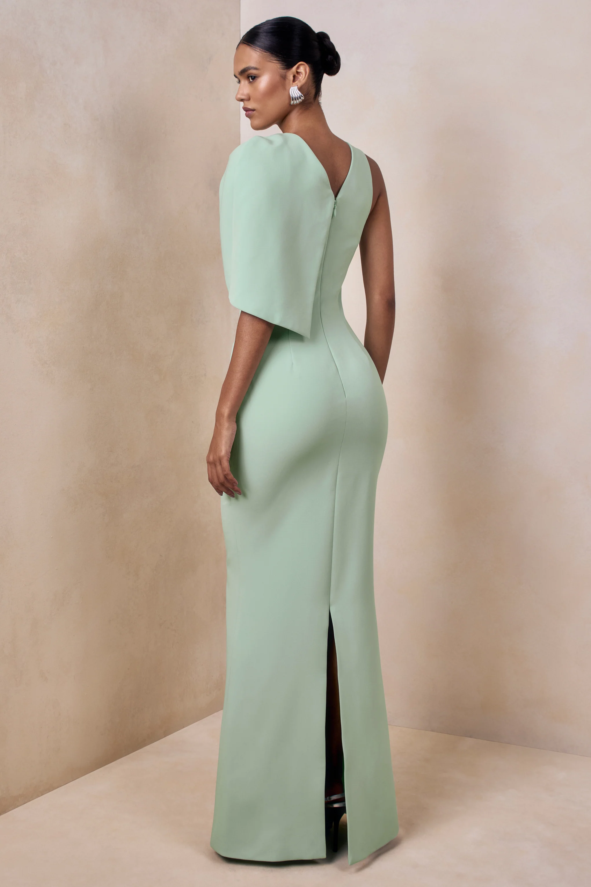 Quira | Mint Asymmetric-Neck Maxi Dress With Cape-Sleeve - Image 2